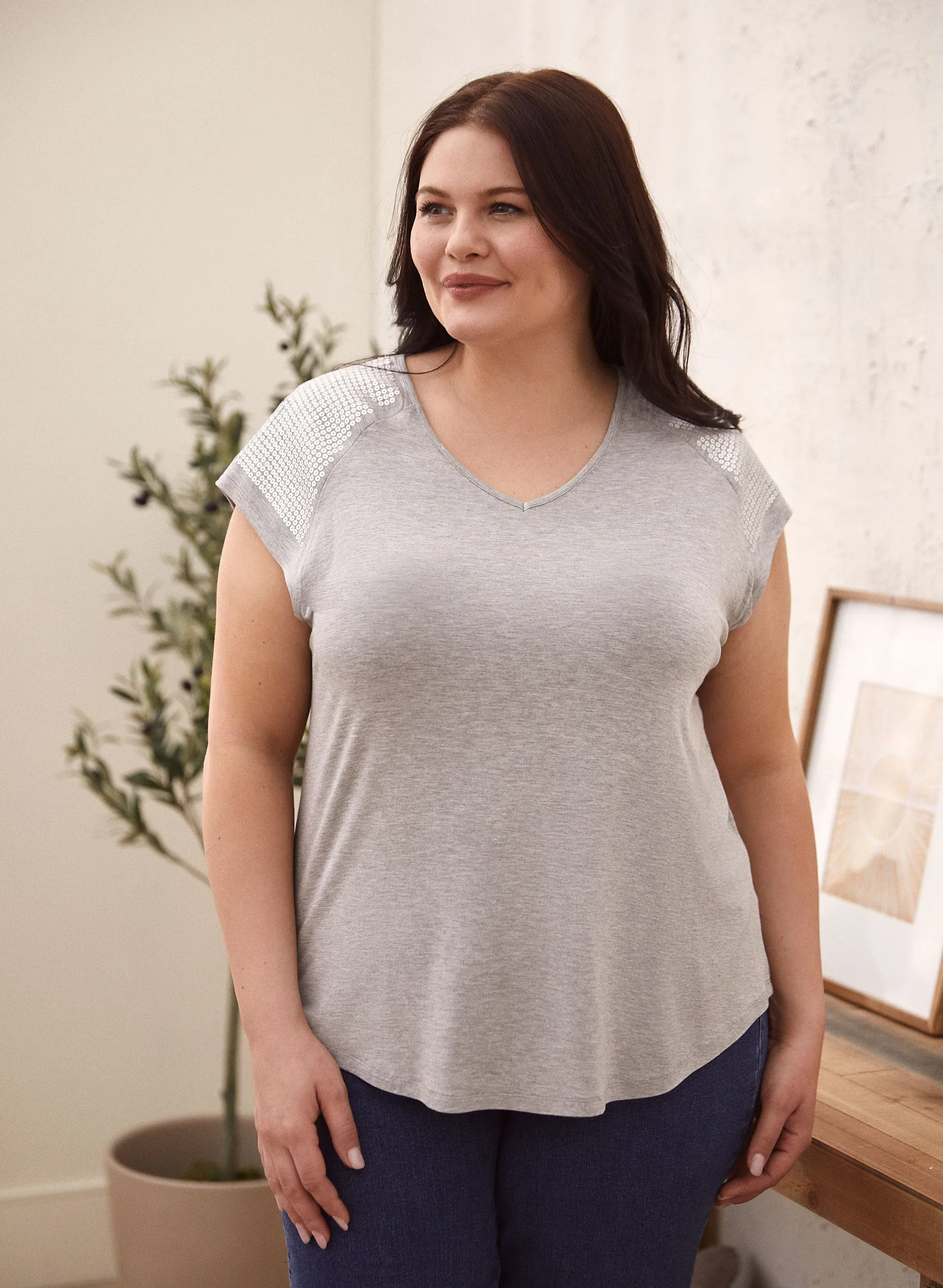 Sequin Detail V-Neck Top sold by Laura