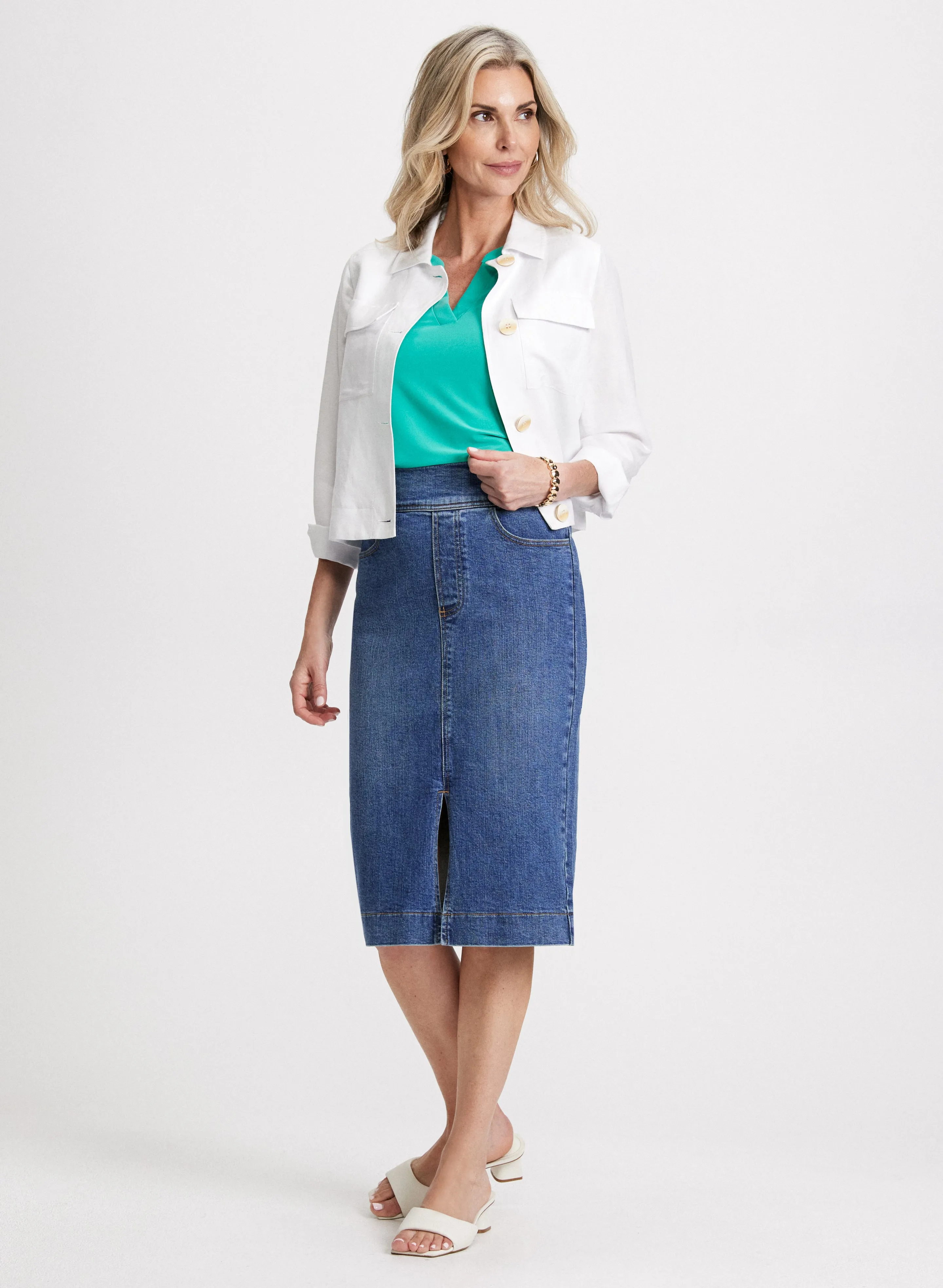 Short Linen Jacket & Denim Skirt sold by Laura