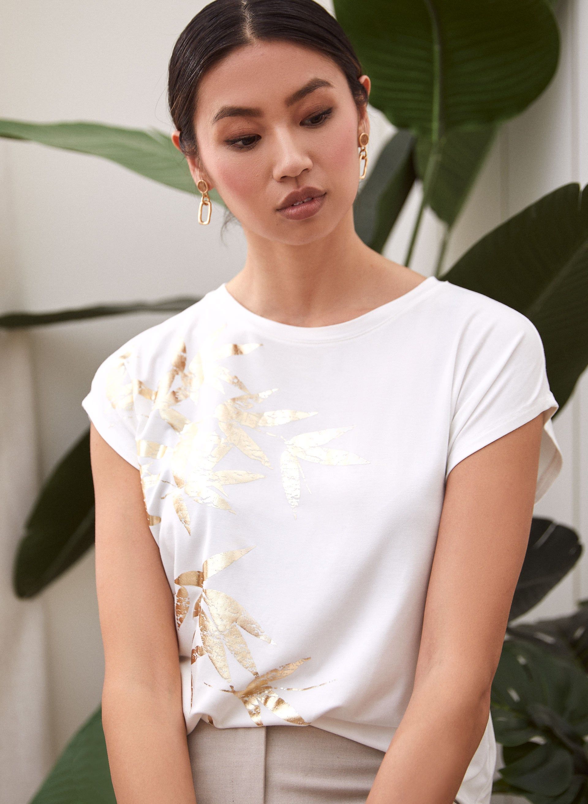 Metallic Foil Leaf Print Tee sold by Laura