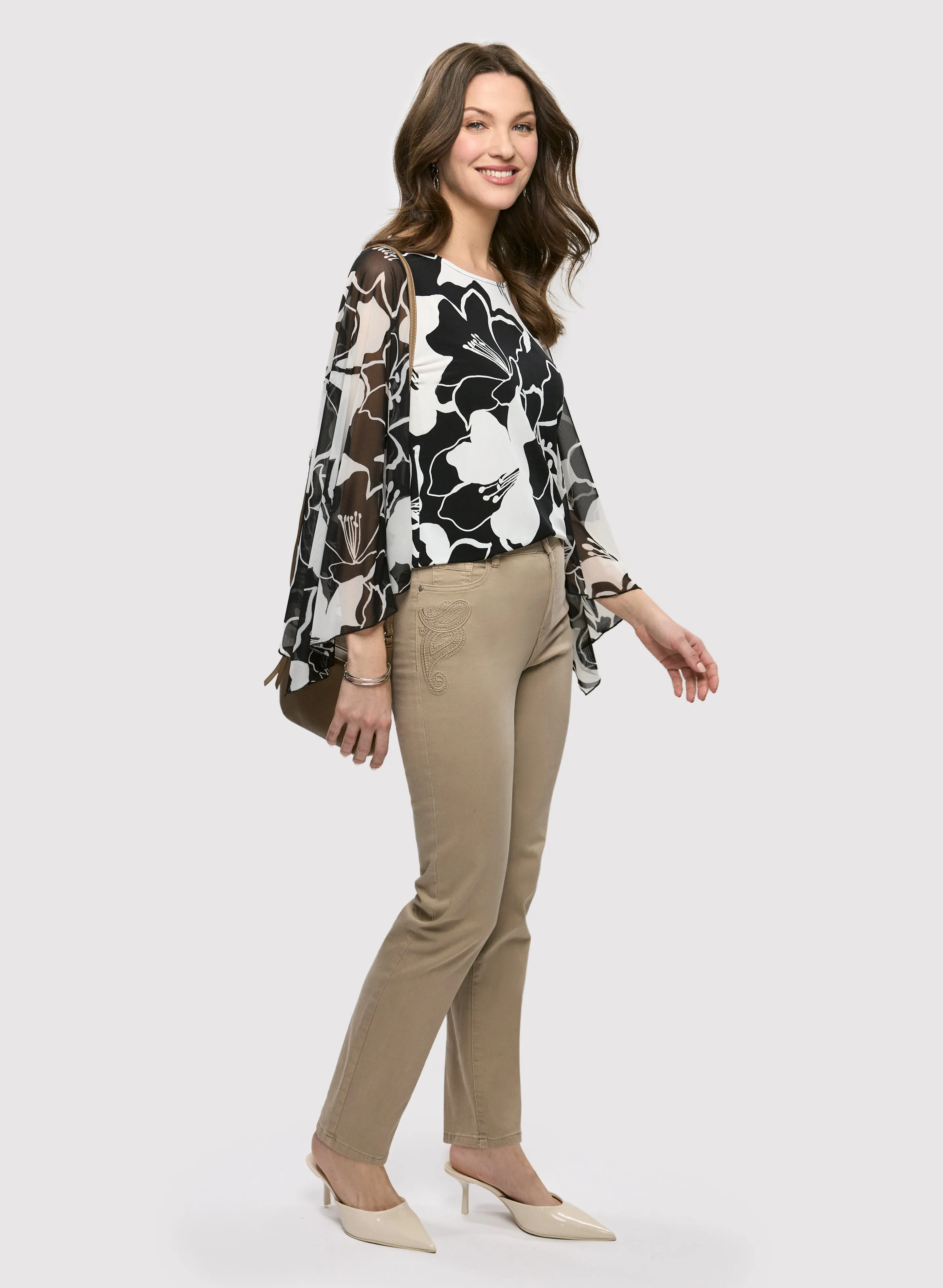 Sheer Sleeve Floral Top & Embroidered Straight Leg Denim Pants sold by Laura