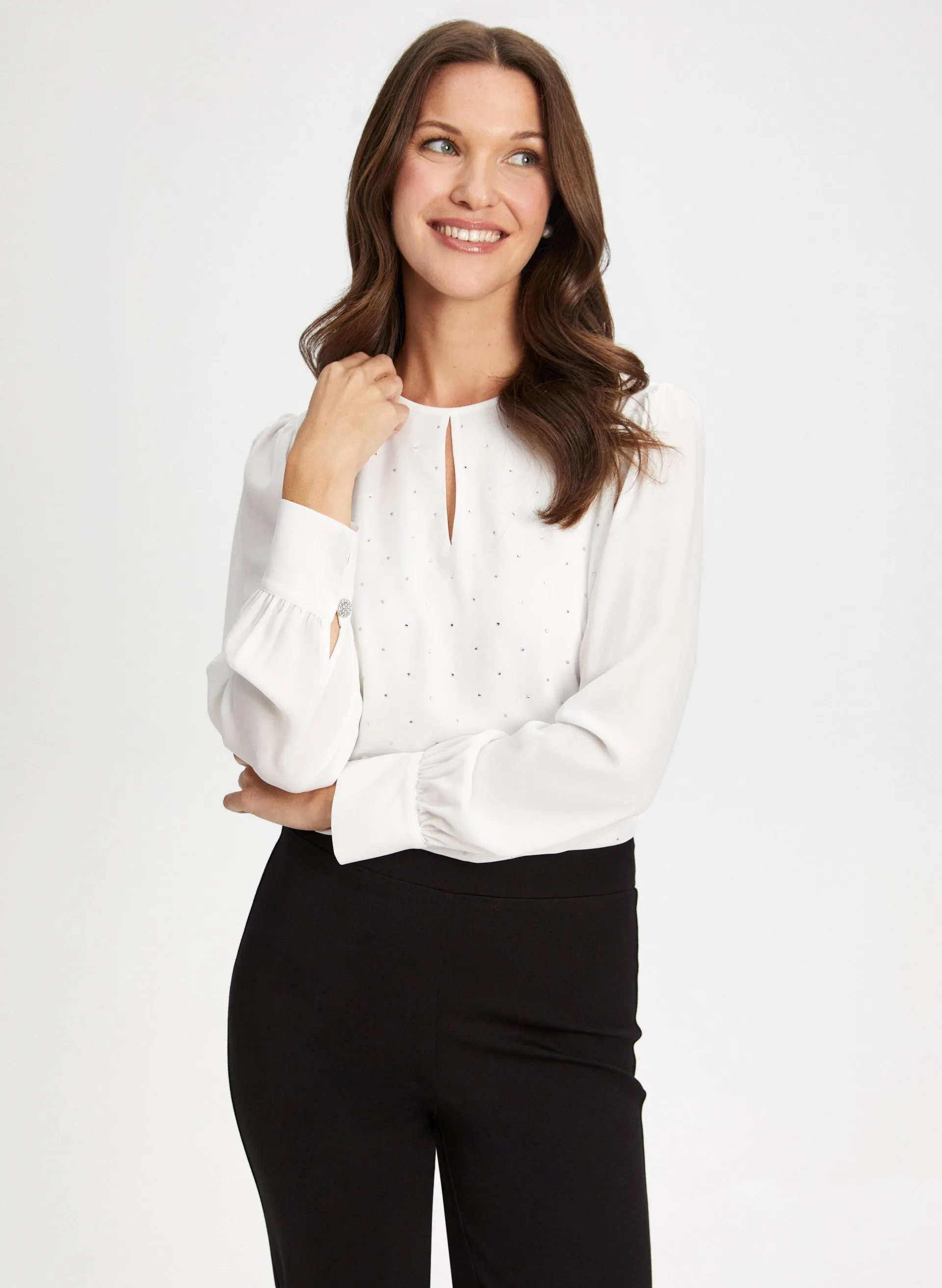 Rhinestone Embellished Popover Blouse sold by Laura
