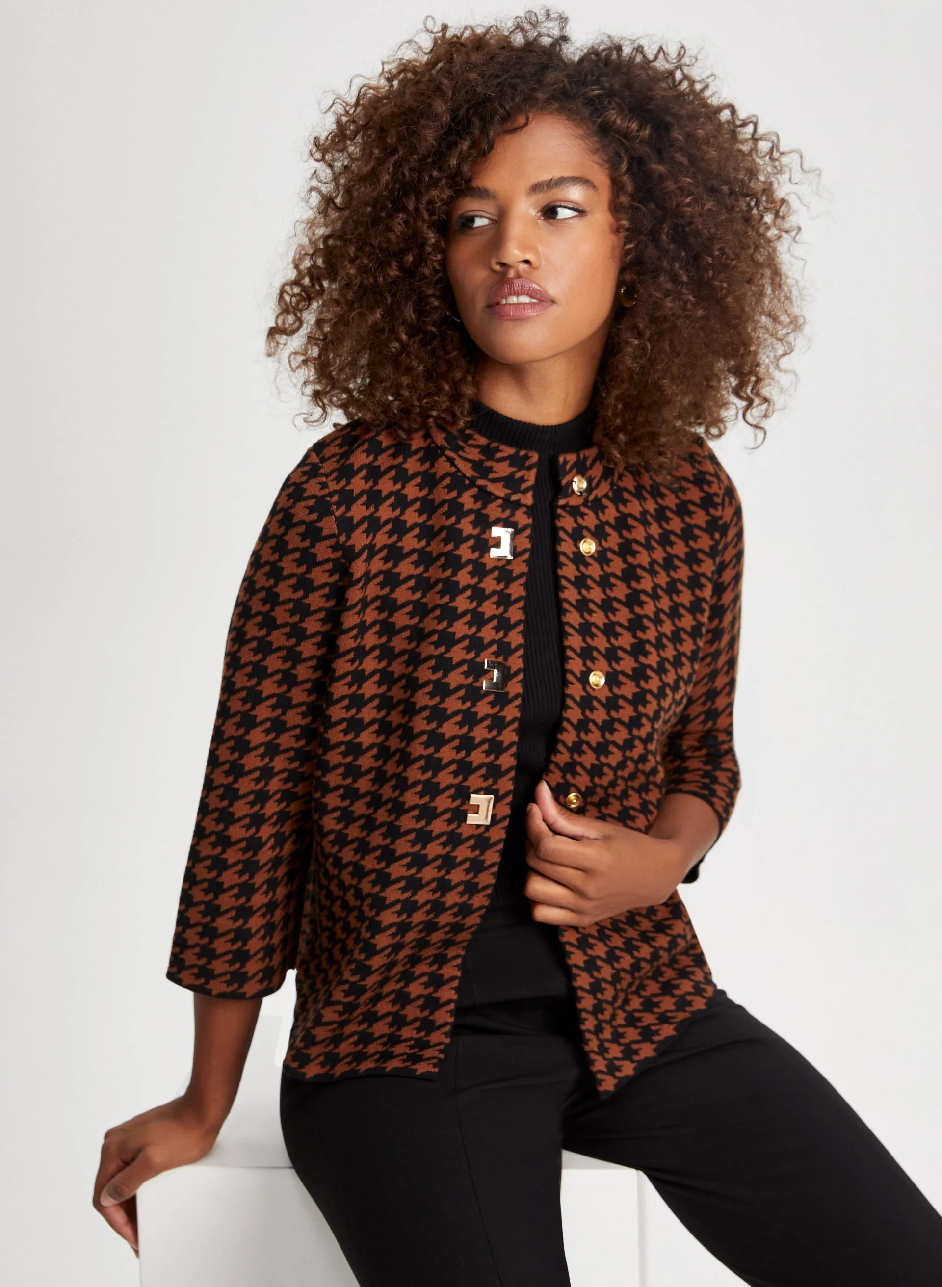 Houndstooth Mock Neck Cardigan sold by Laura