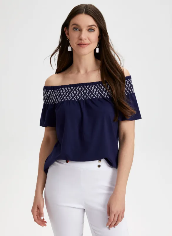 Embroidered Off-the-Shoulder Tee sold by Laura