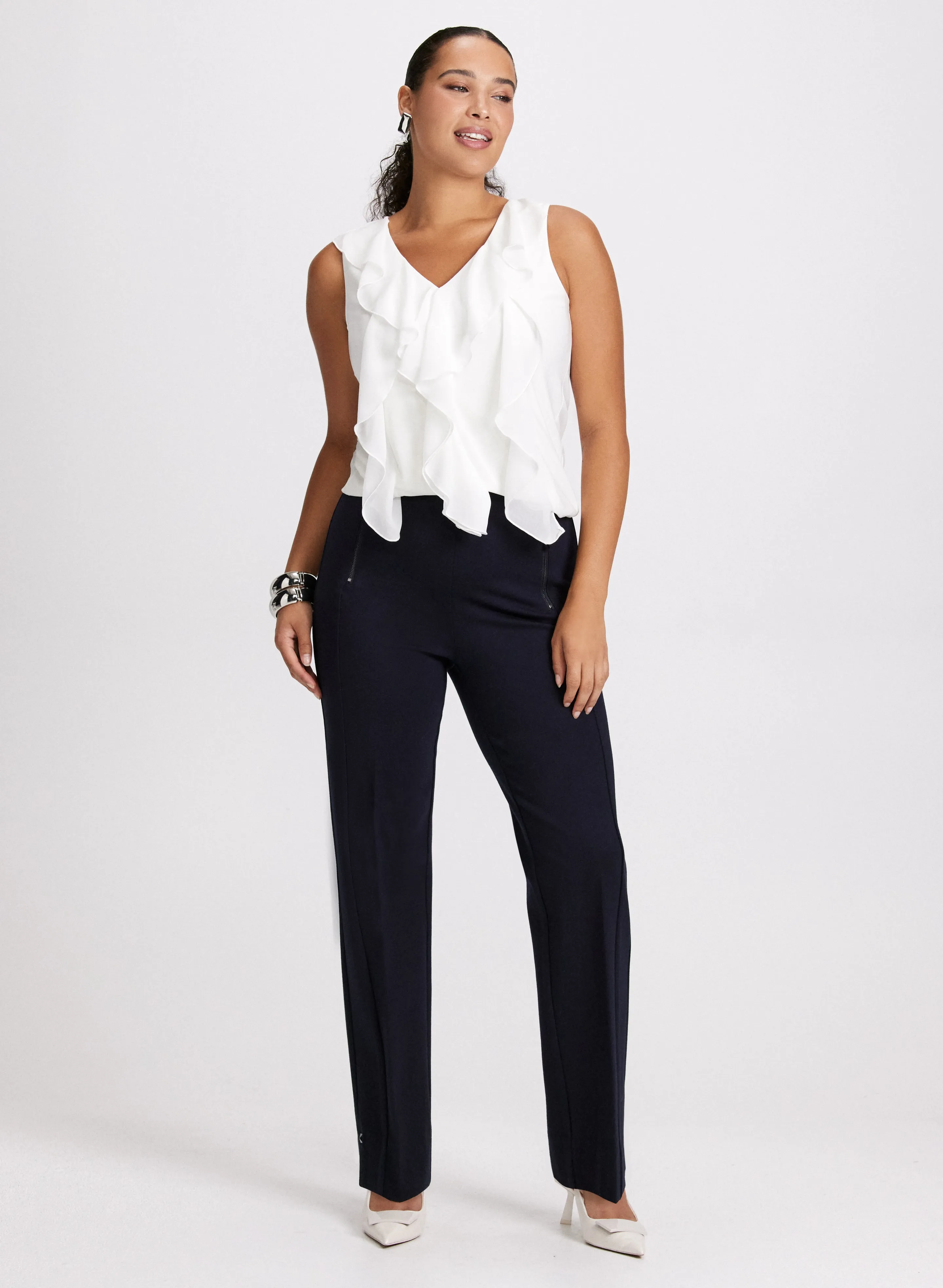 Sleeveless Ruffle Front Top & Straight Leg Pants sold by Laura