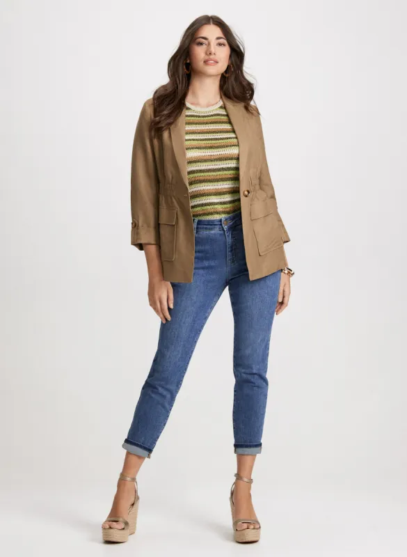 Elastic-Waist Linen Jacket & Essential Slim Leg Jeans sold by Laura