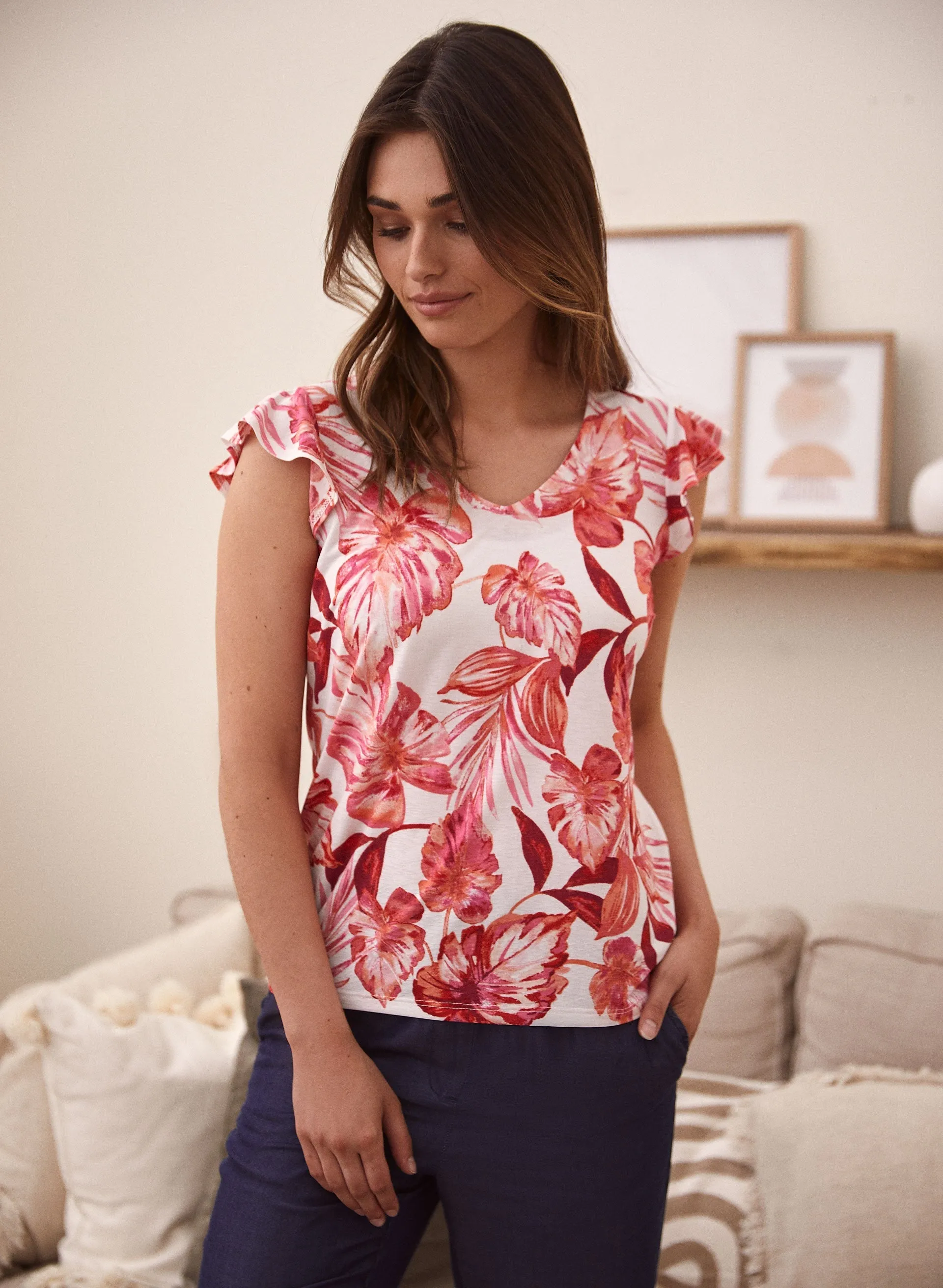 Leaf Print Flutter Sleeve Top sold by Laura