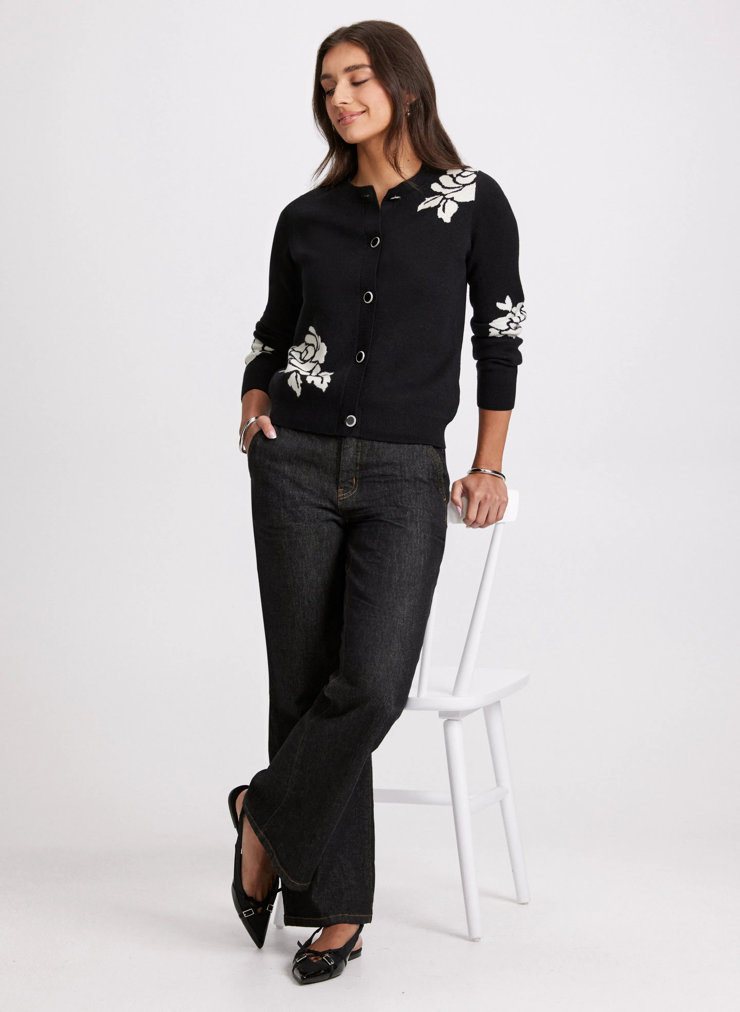 Button-Up Cardigan & Flare Leg Jeans sold by Laura