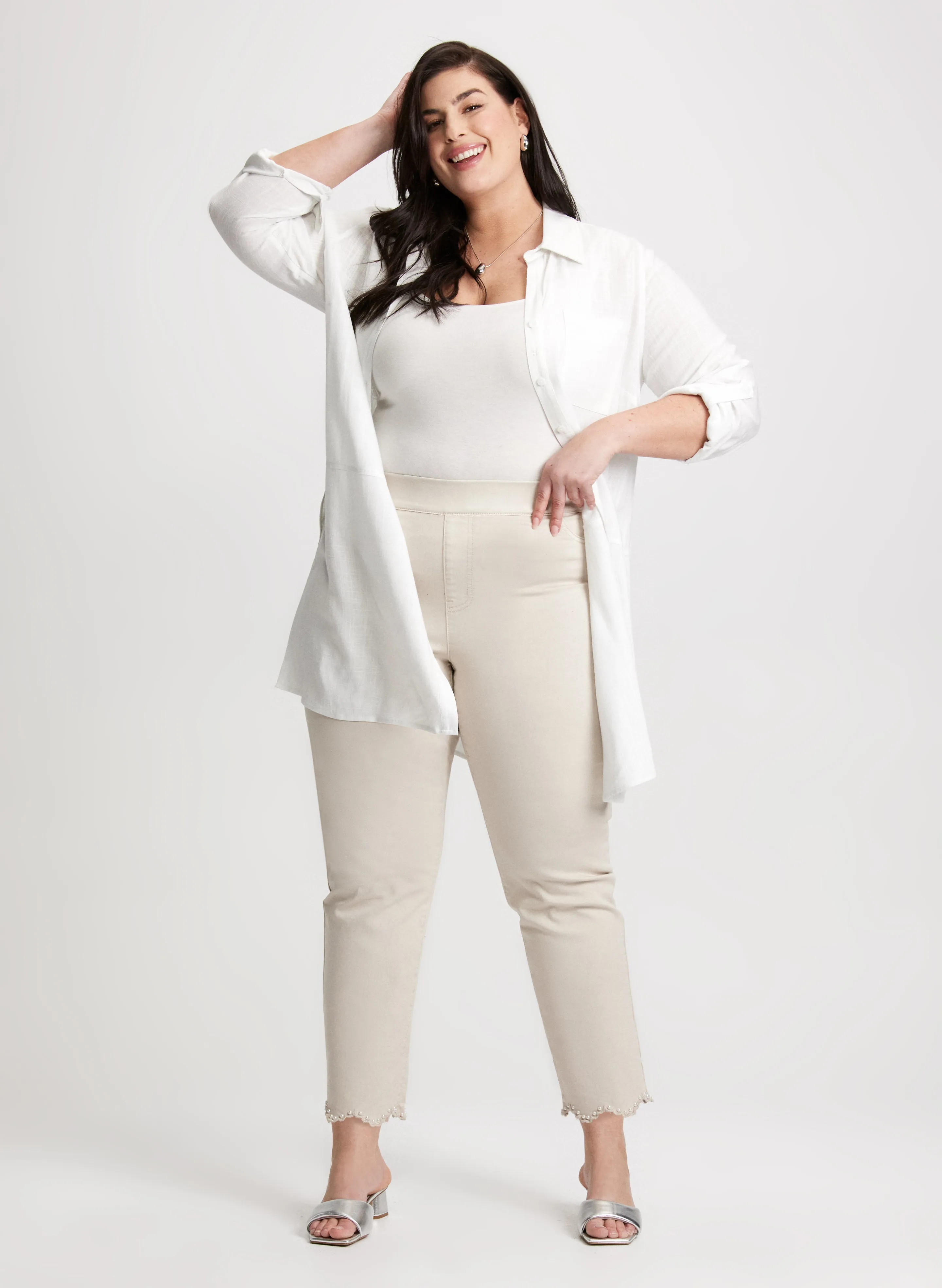 Linen-Blend Button-Down Tunic & Scalloped Hem Straight Leg Jeans sold by Laura