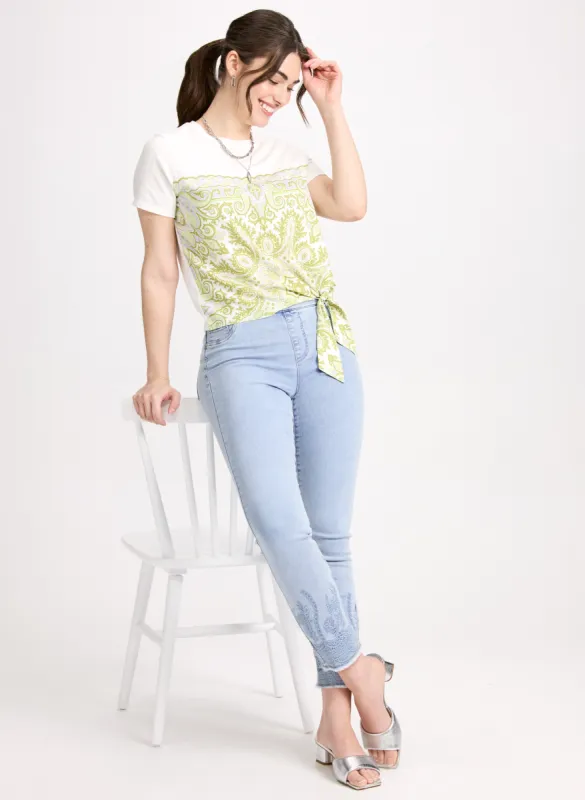 Abstract Print T-Shirt & Embroidered Hem Jeans sold by Laura