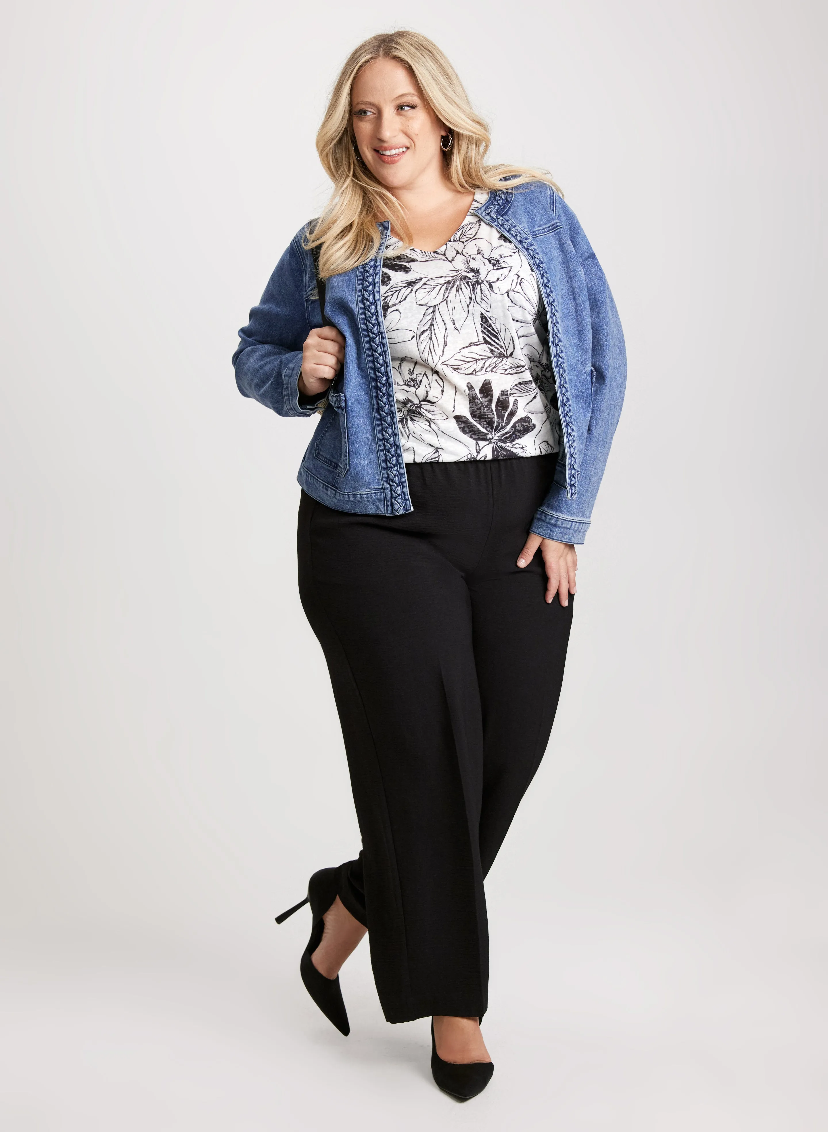 Braid Trim Denim Jacket & Pull-On Wide Leg Pants sold by Laura