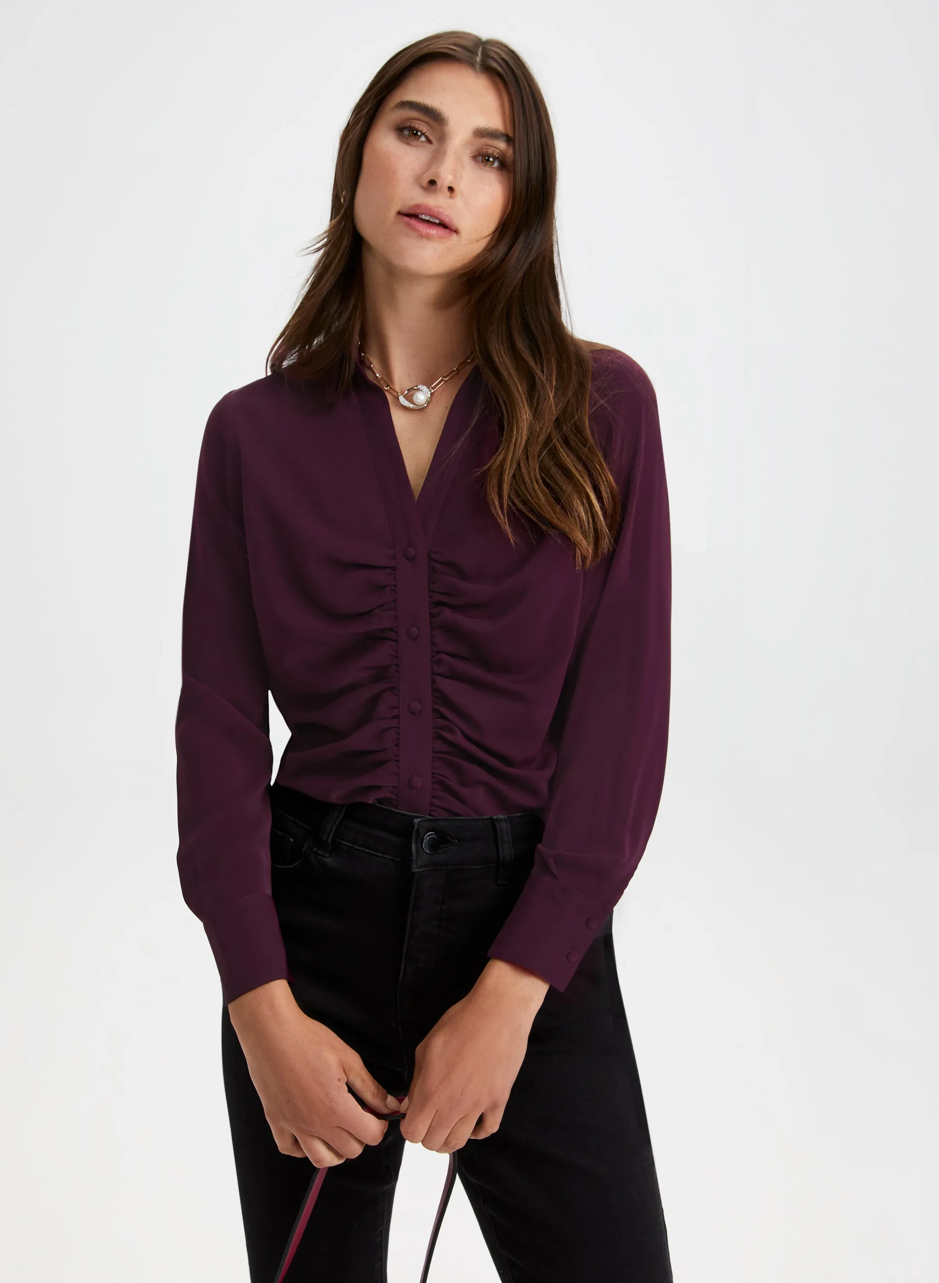 Ruched Button-Down Blouse sold by Laura