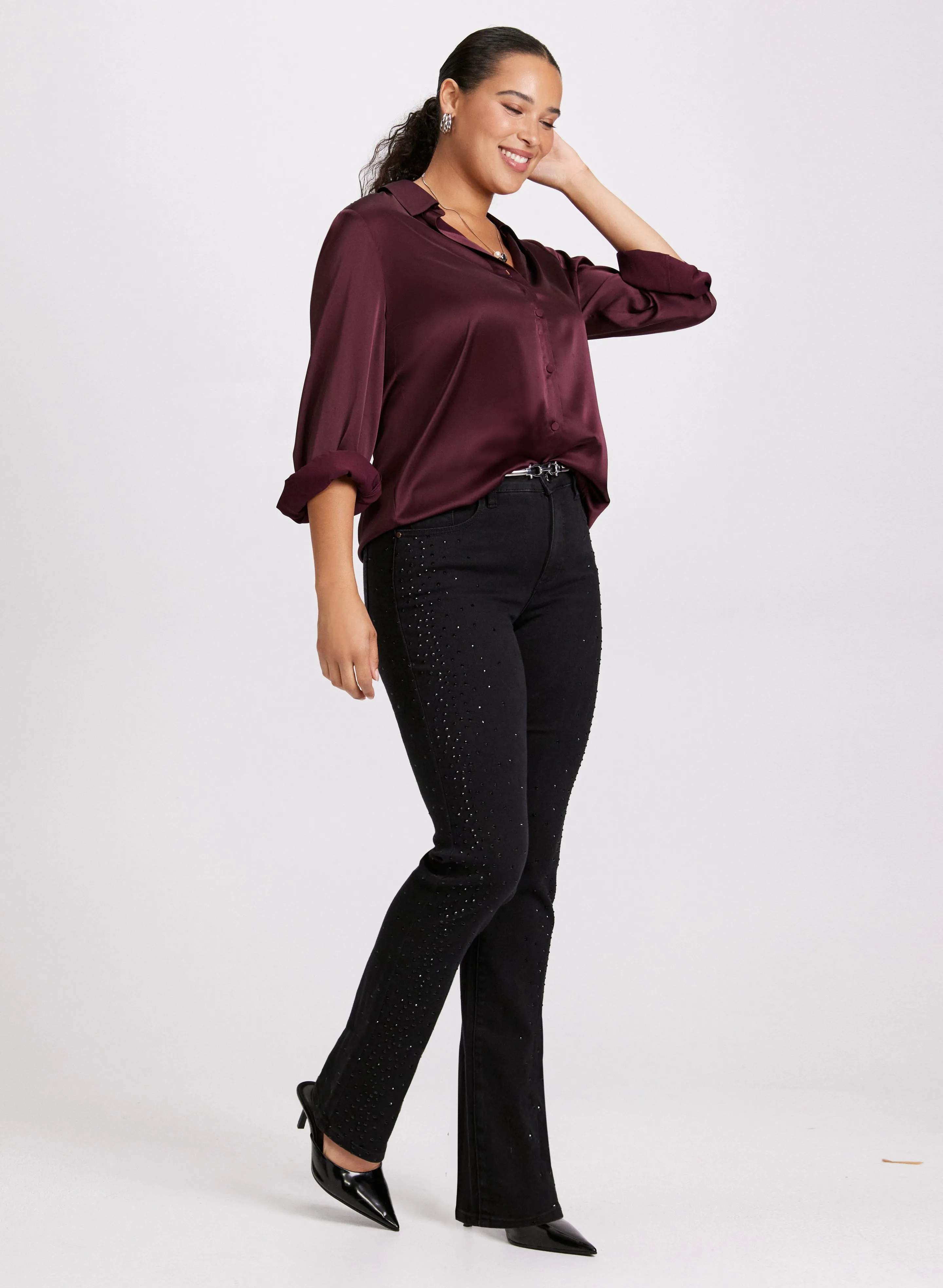 Satin Button Down Blouse & Rhinestone Trim Straight-Leg Jeans sold by Laura