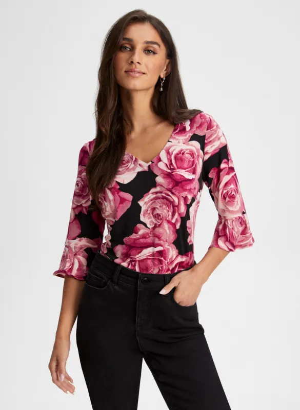 Rose Print 3/4 Sleeve Top sold by Laura