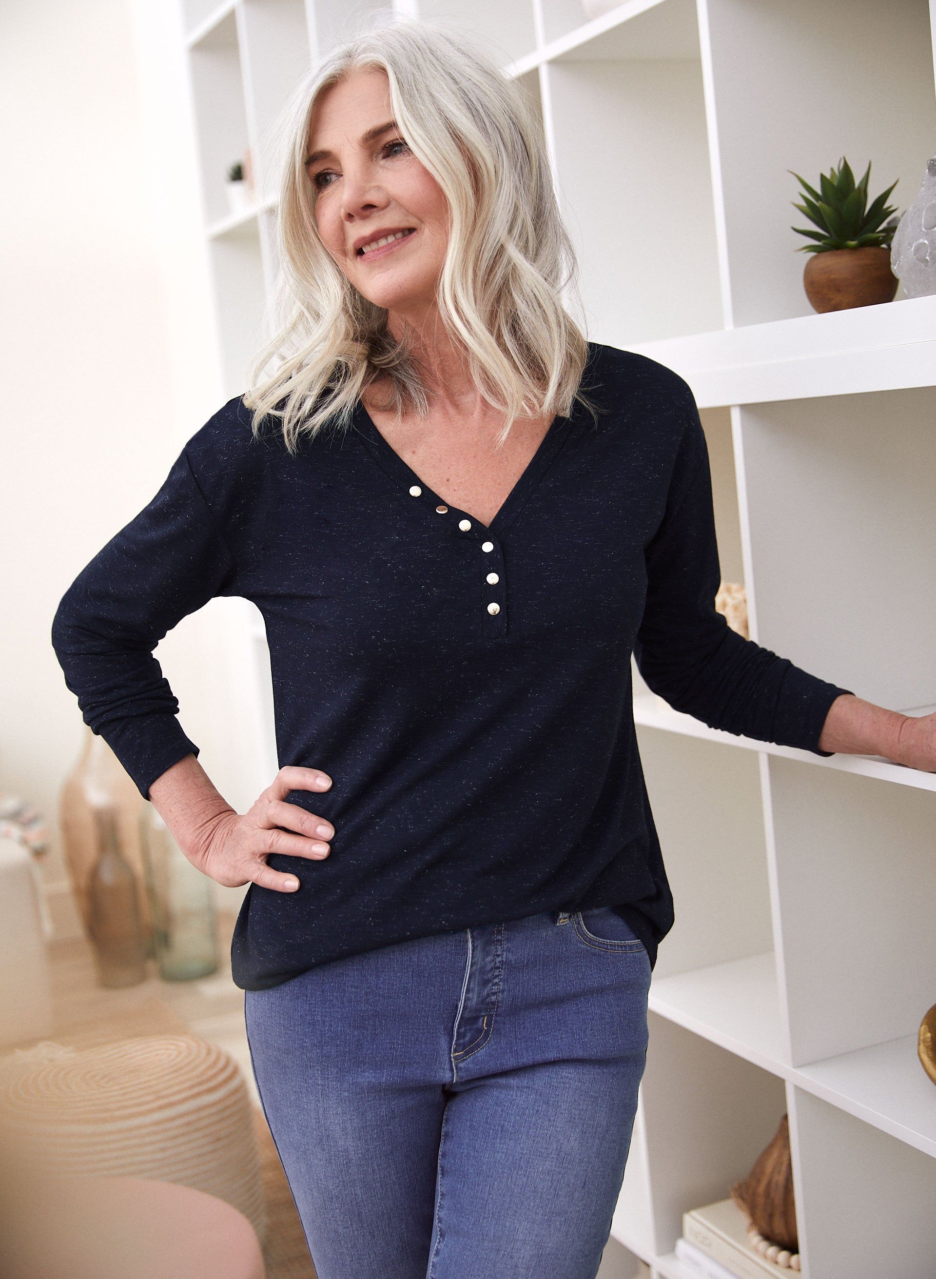 Button Detail V-Neck Top sold by Laura