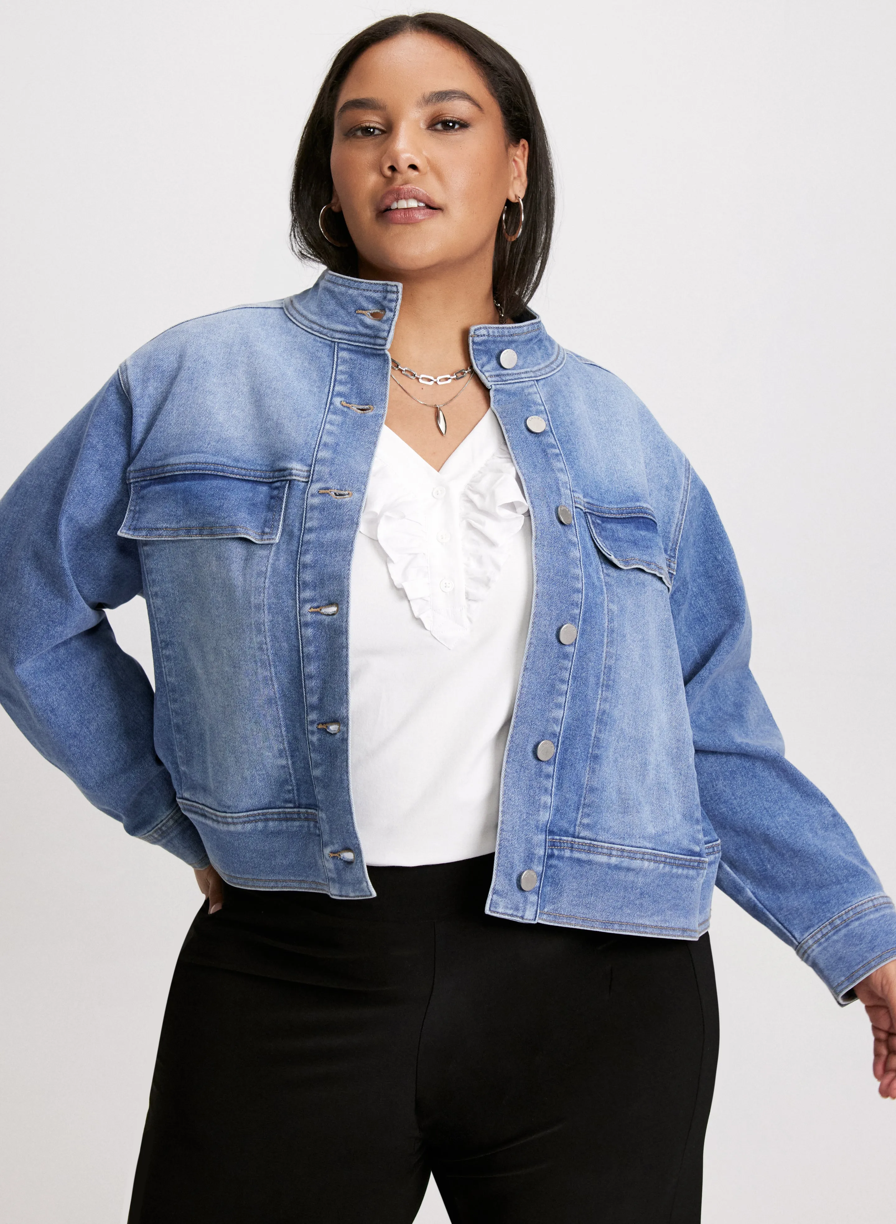 Stand Collar Denim Jacket sold by Laura