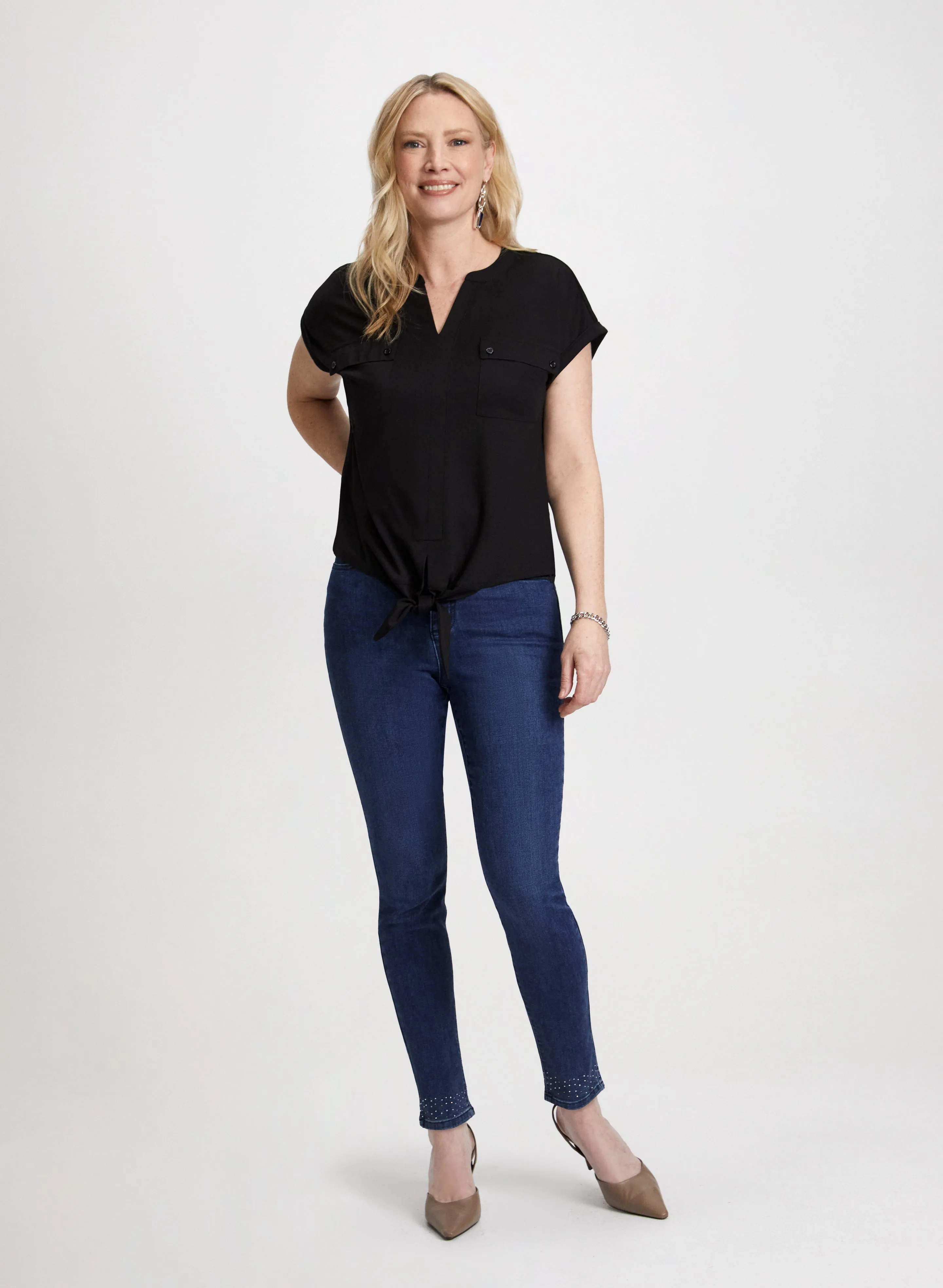 Flap Pocket Detail Top & Bow Detail Straight Leg Jeans sold by Laura