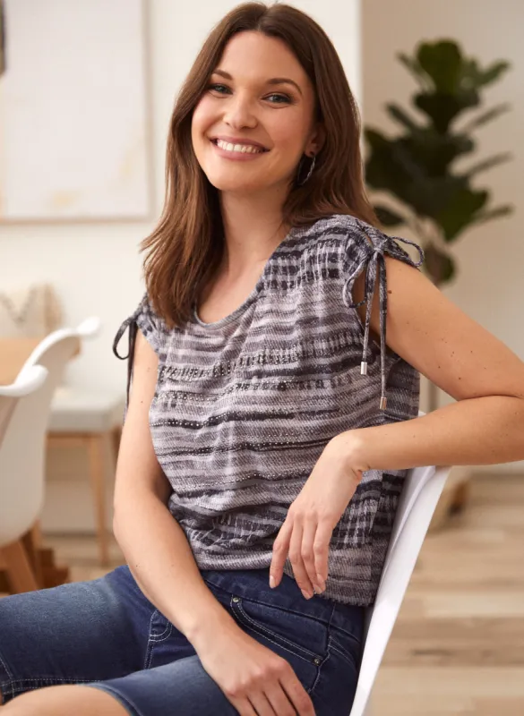Striped Print Drawstring Detail Tee sold by Laura