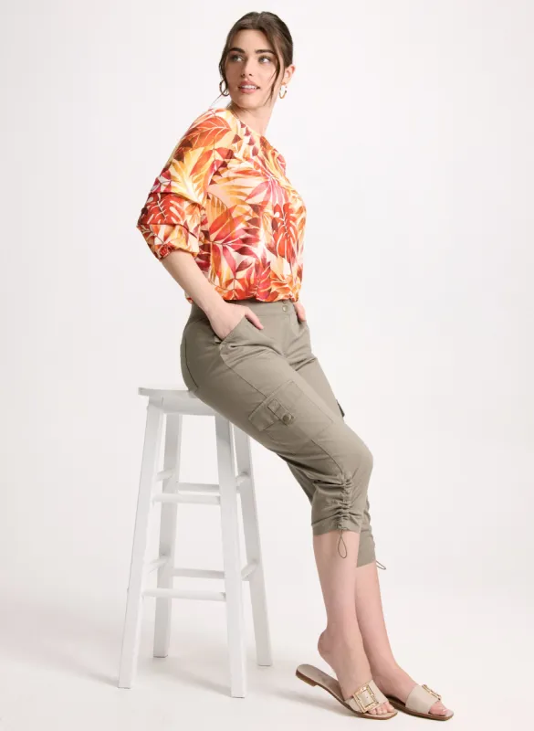 Tropical Pinched Sleeve Top & Drawstring Hem Cargo Pants sold by Laura