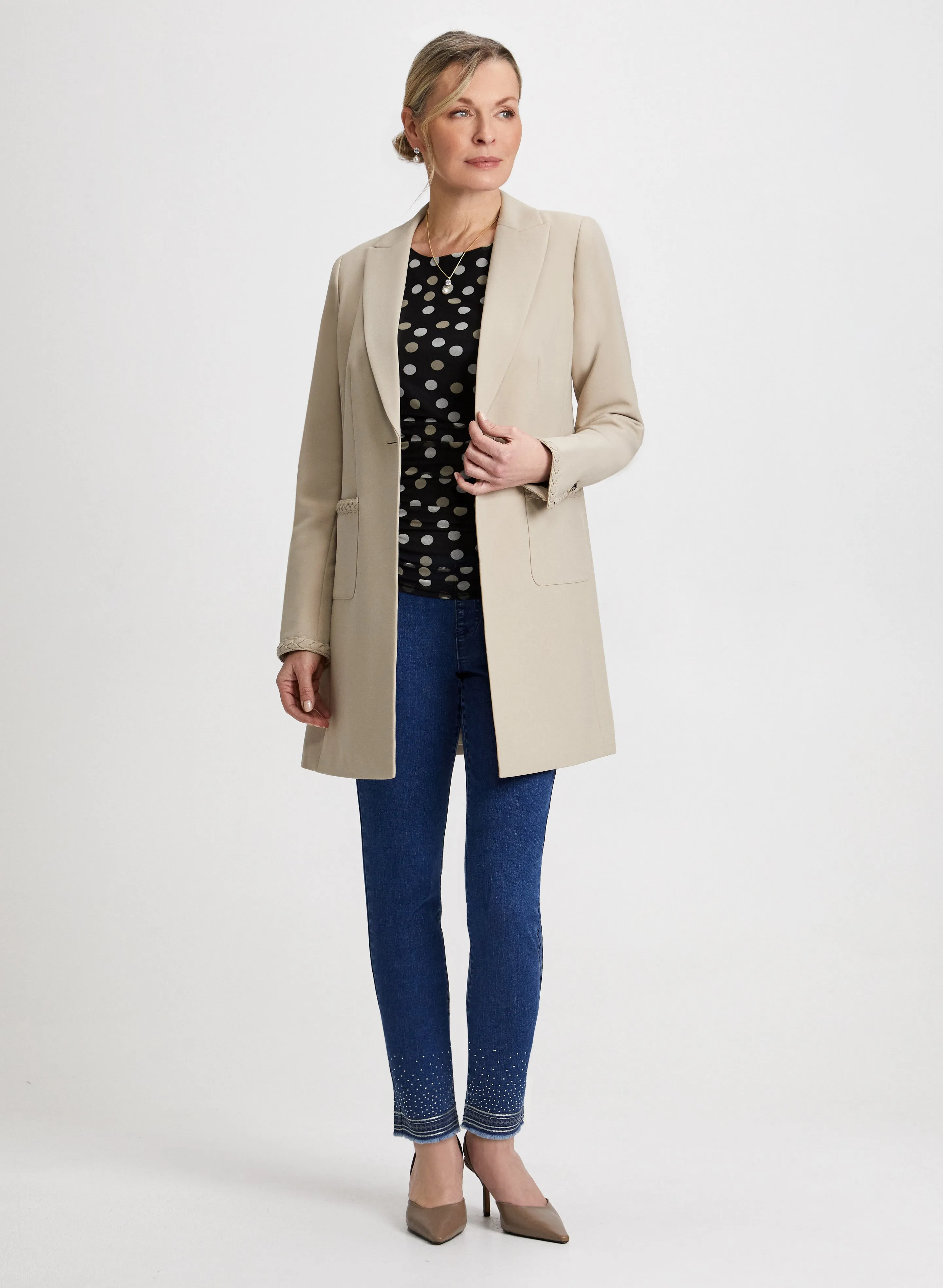 Redingote Jacket & Sequin Hem Jeans sold by Laura