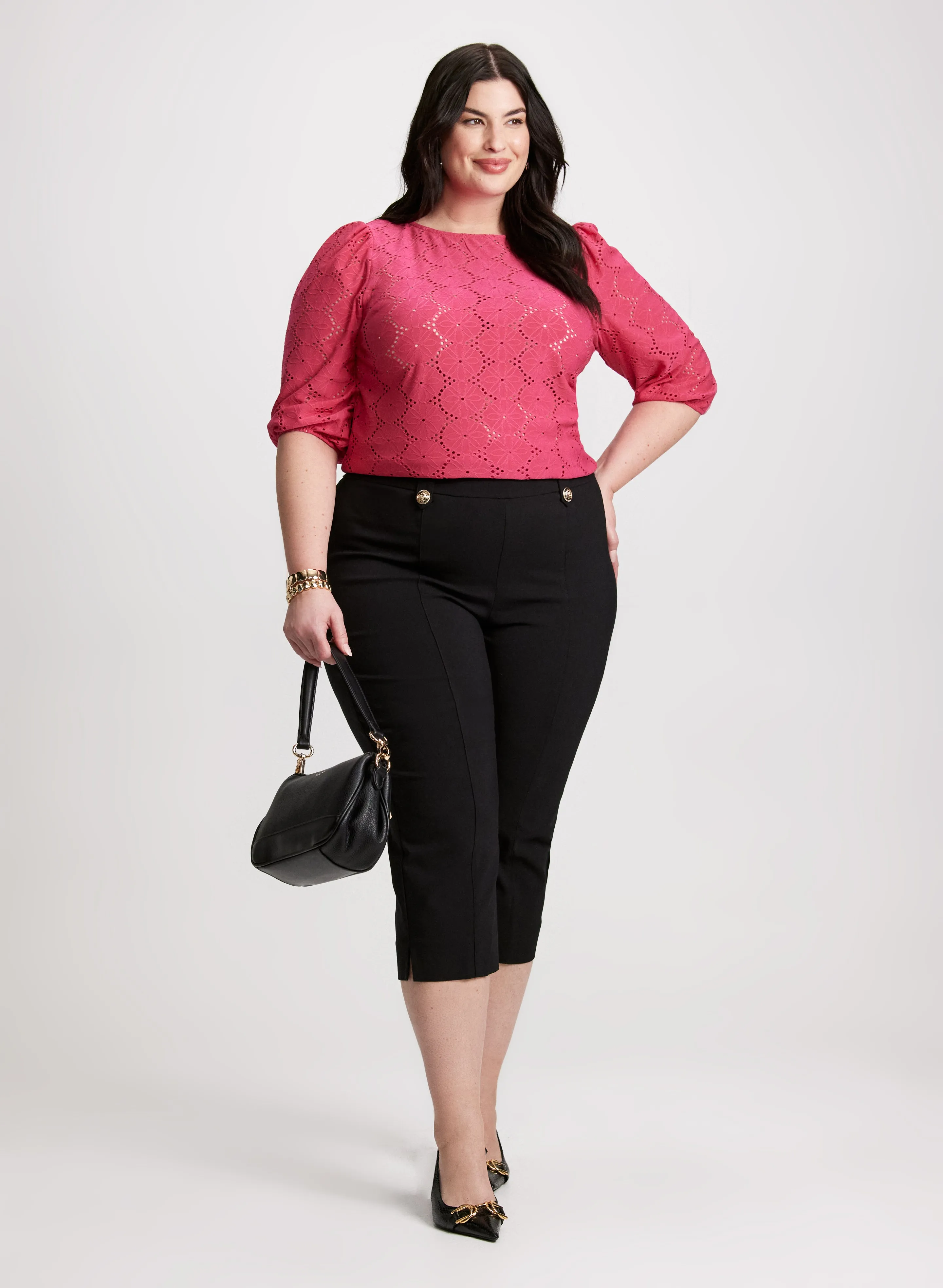 Boat Neck Eyelet Top & Side Slit Pull-On Pants sold by Laura