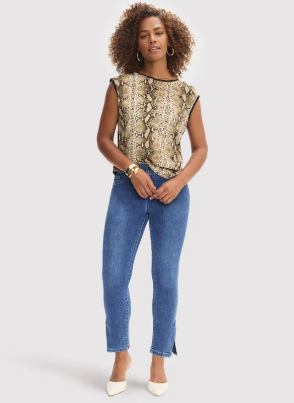 Snake Print Top & Hem Slit Jeans sold by Laura