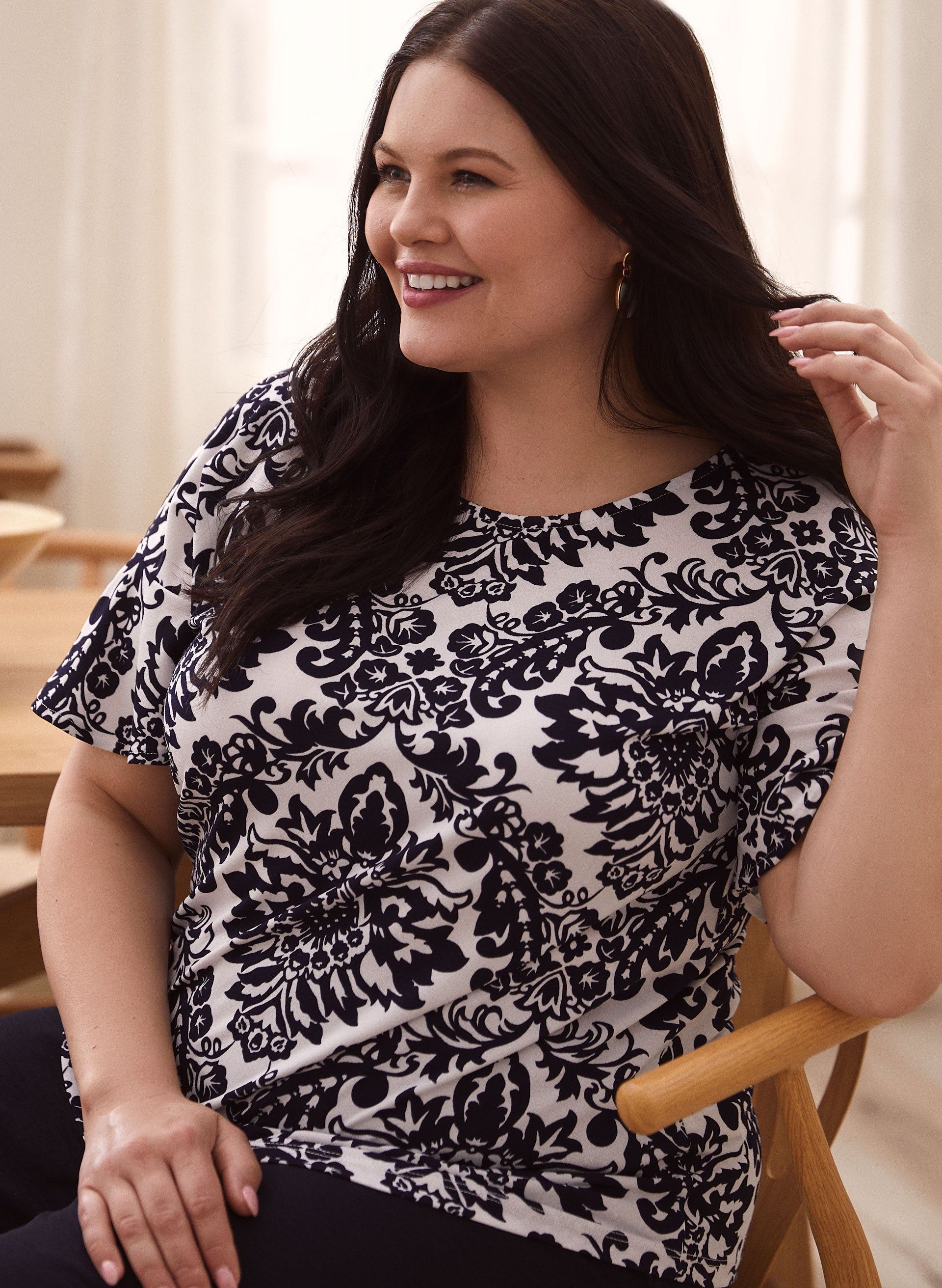 Damask Print Ruffle Sleeve Top sold by Laura