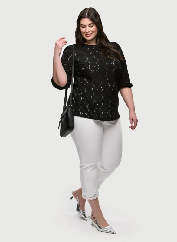 Boat Neck Eyelet Top & Lace Hem Denim Capris sold by Laura