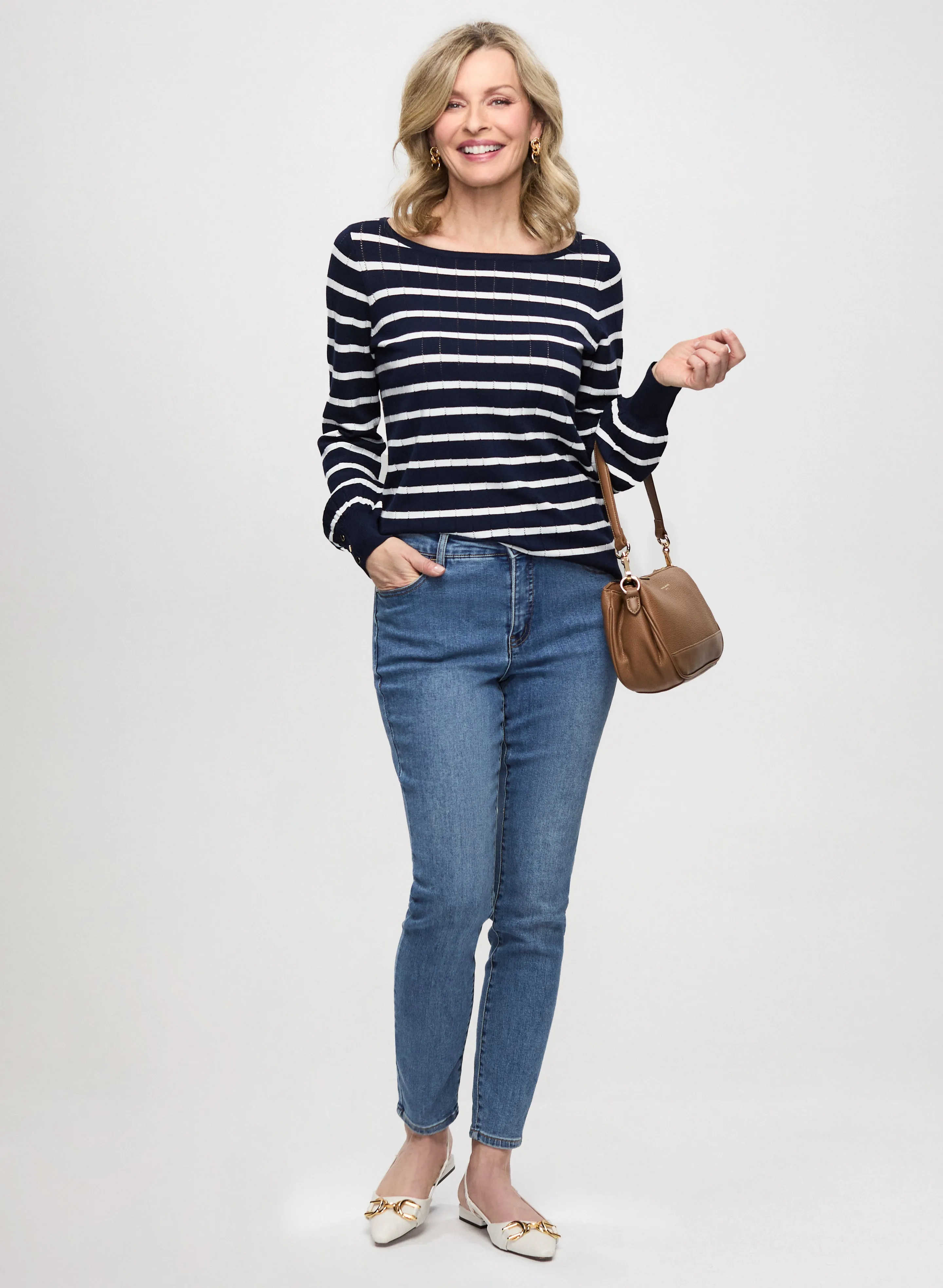Decorative Button Striped Sweater & Slim Leg Jeans sold by Laura