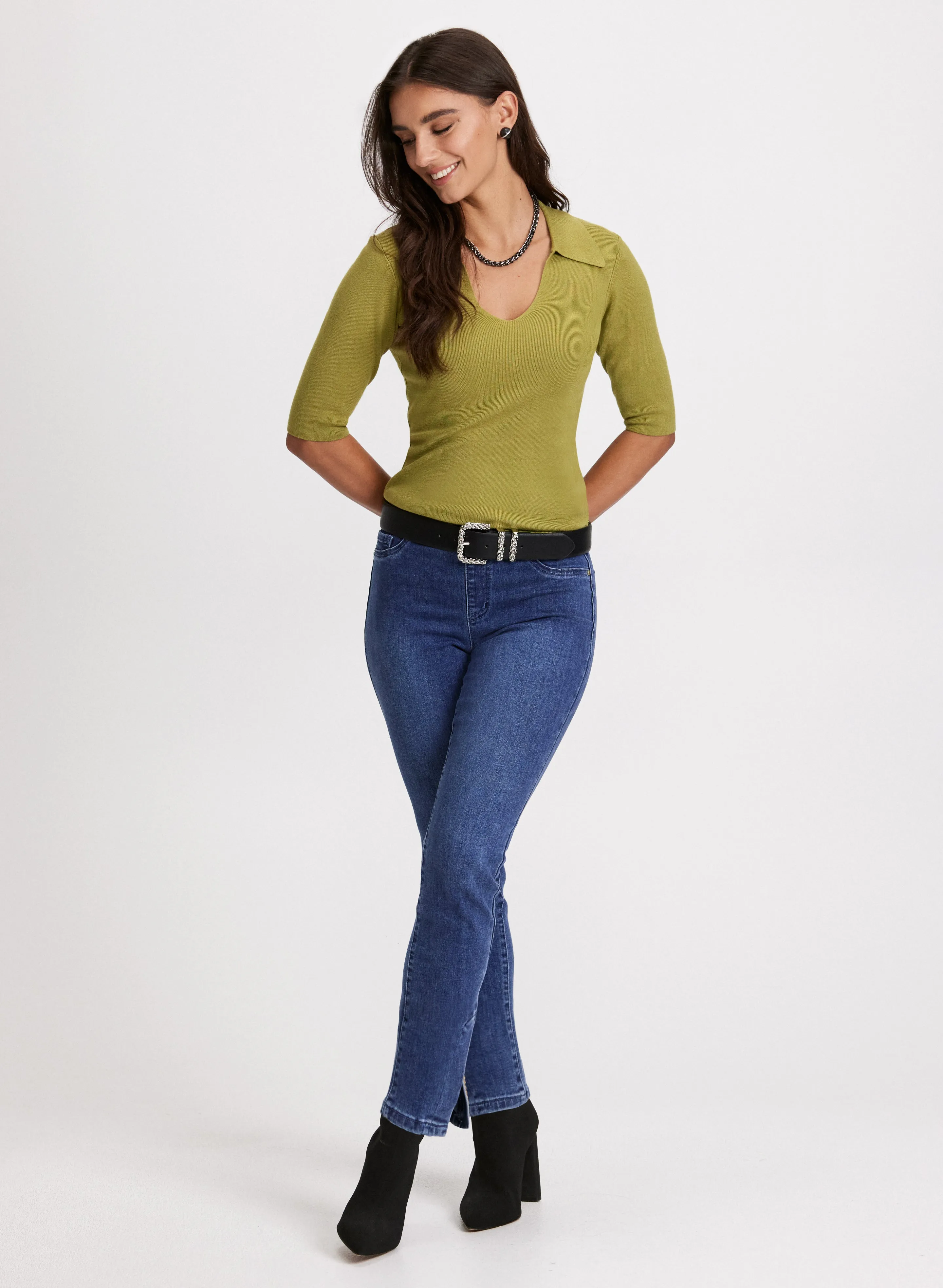 V-Neck Polo Sweater & Embellished Hem Slit Jeans sold by Laura