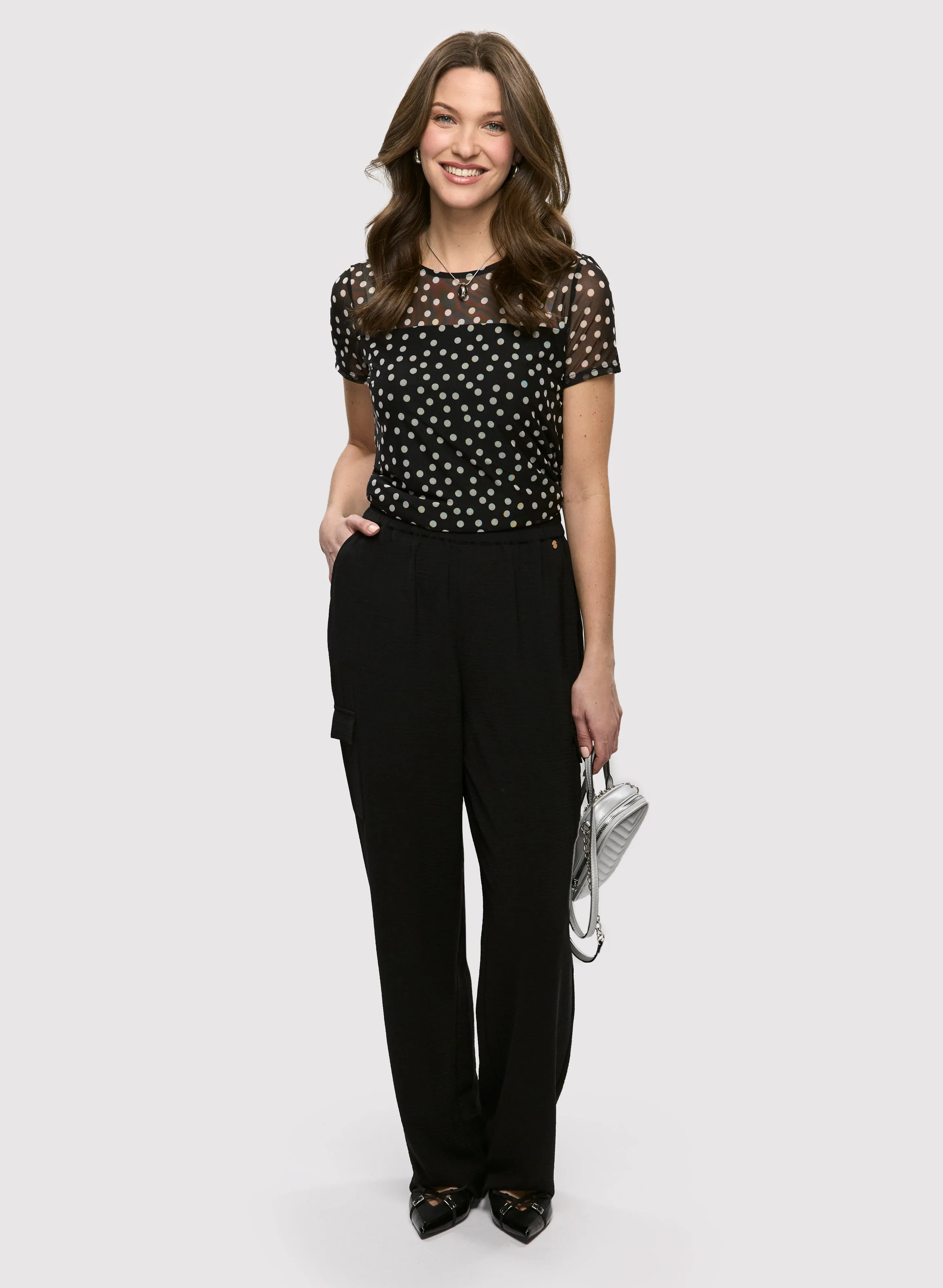 Mesh Polka Dot Top & Wide Leg Cargo Pants sold by Laura