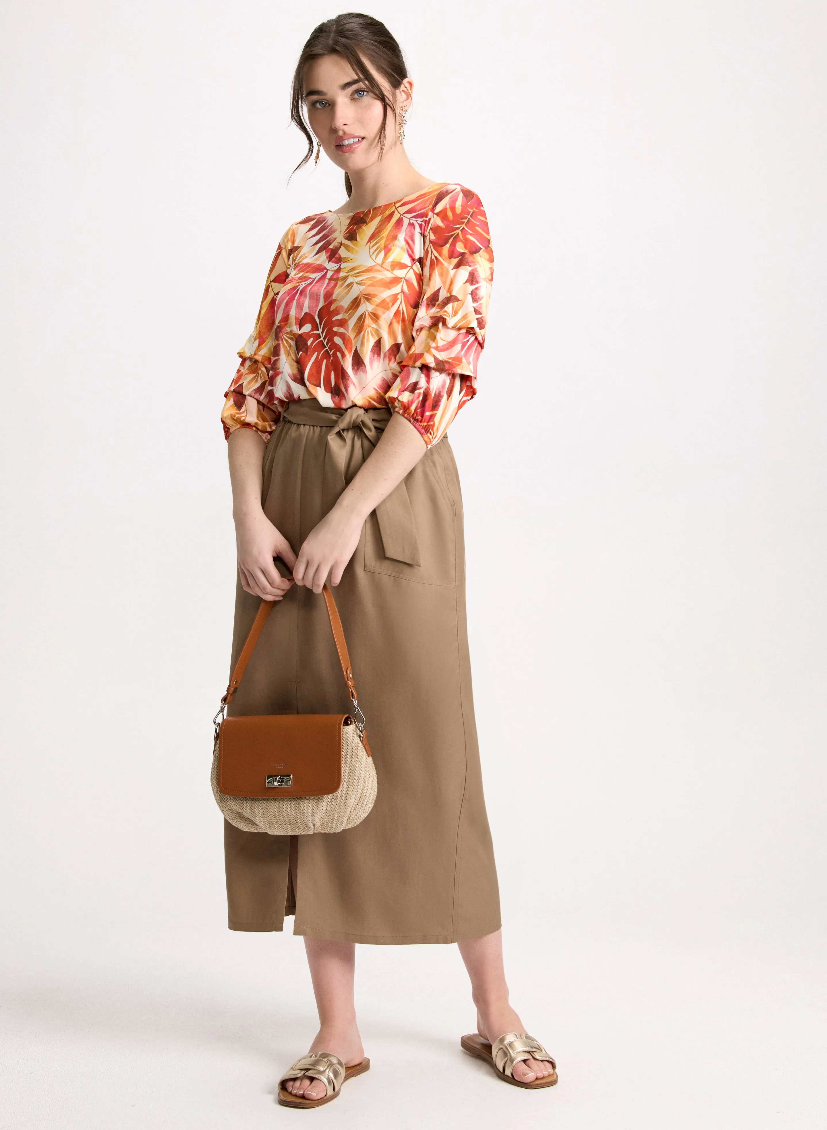 Tropical Pinched Sleeve Top & Front Slit Midi Skirt sold by Laura