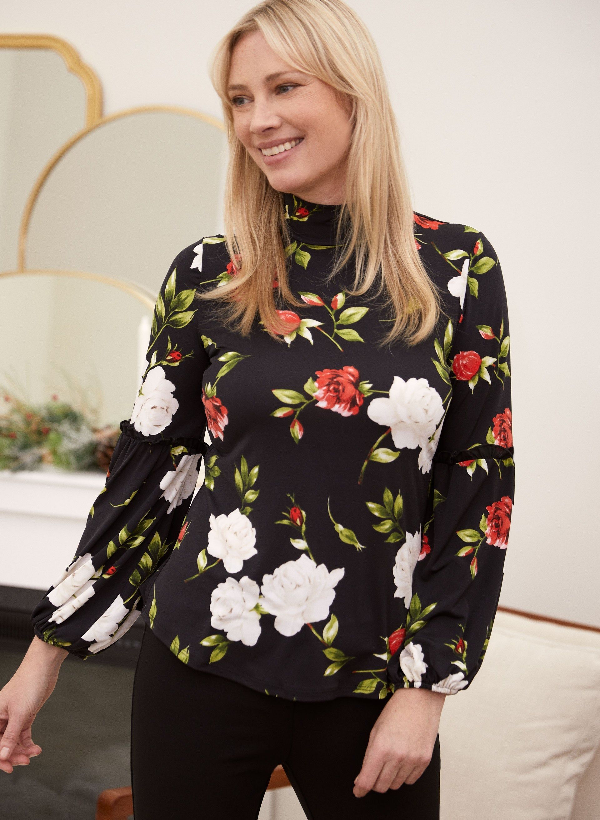 Mock Neck Rose Print Top sold by Laura