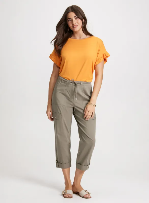 Ruffle Sleeve T-Shirt & Drawstring Waist Cargo Capris sold by Laura