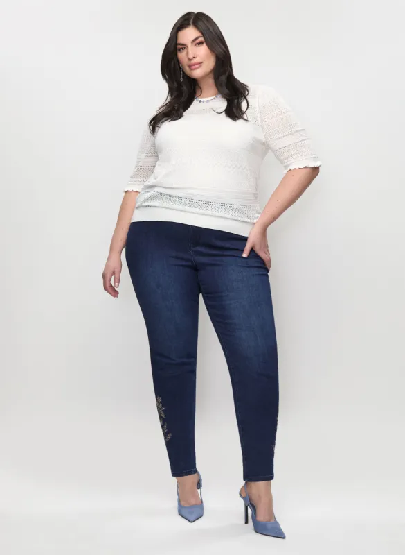 Pointelle Short Sleeve Sweater & Embellished Hem Jeans sold by Laura