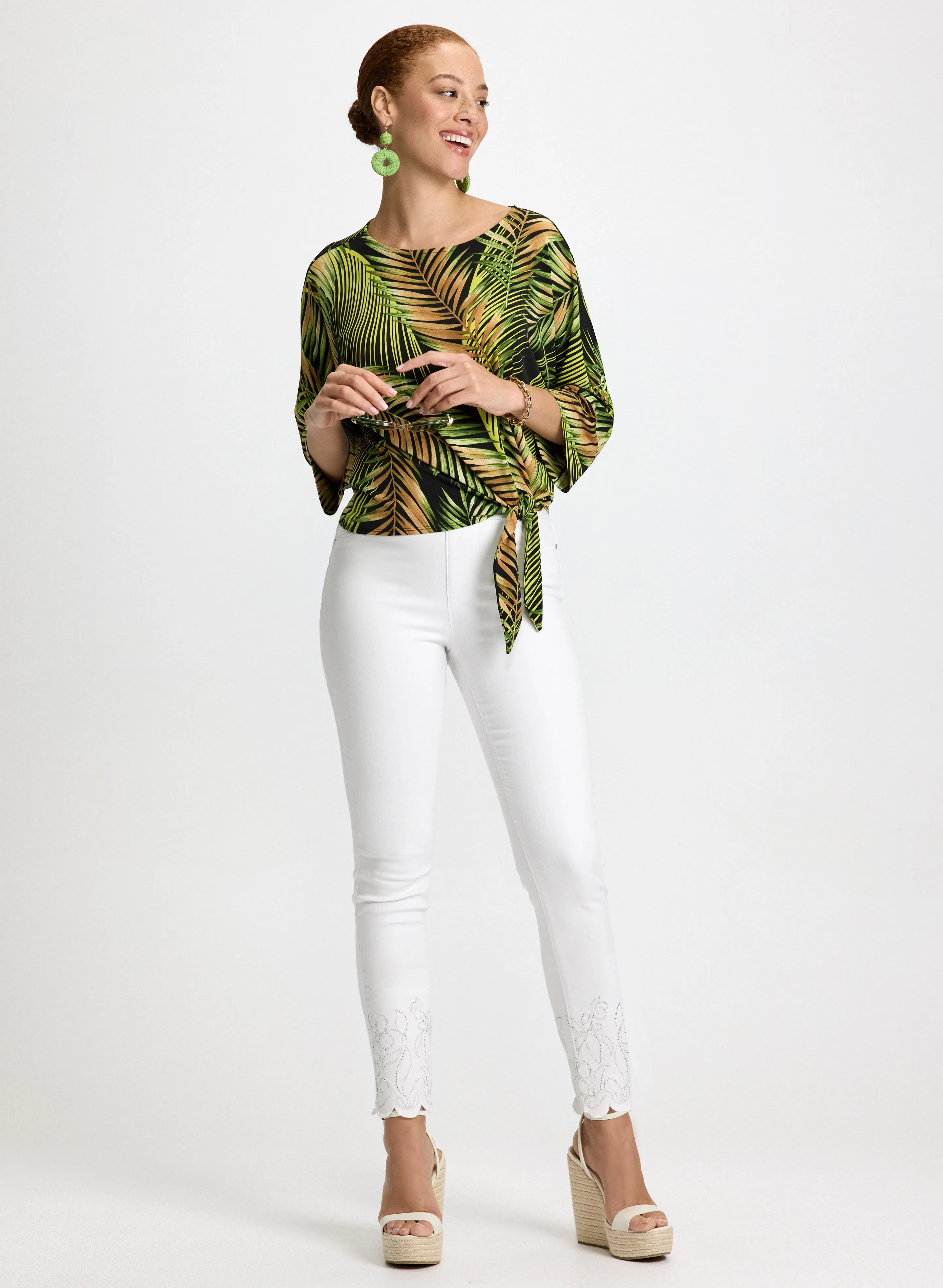 Palm Print Top & Embroidered Hem Pull-On Pants sold by Laura
