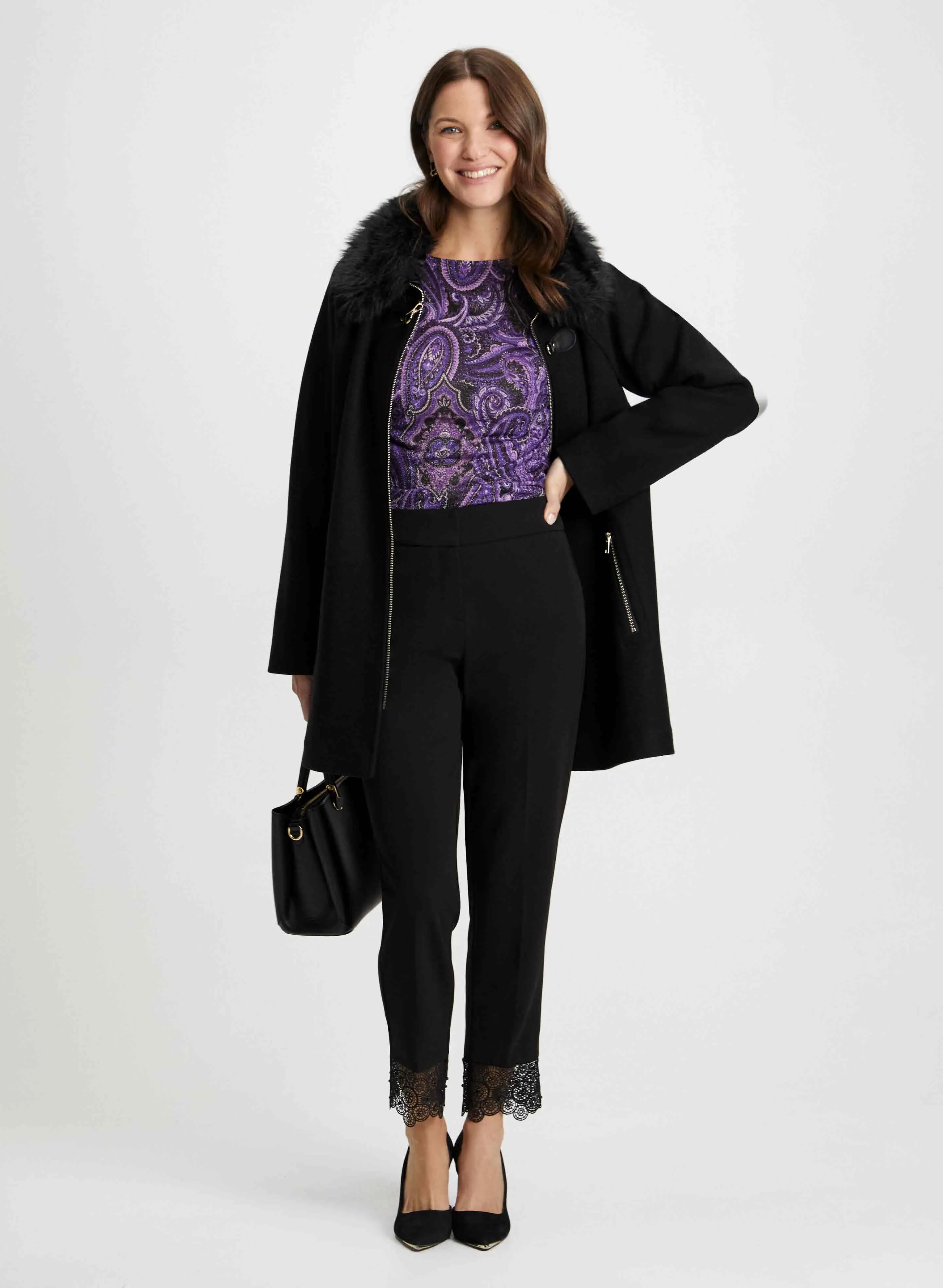 Faux Fur Collar Coat & Paisley Print Top sold by Laura