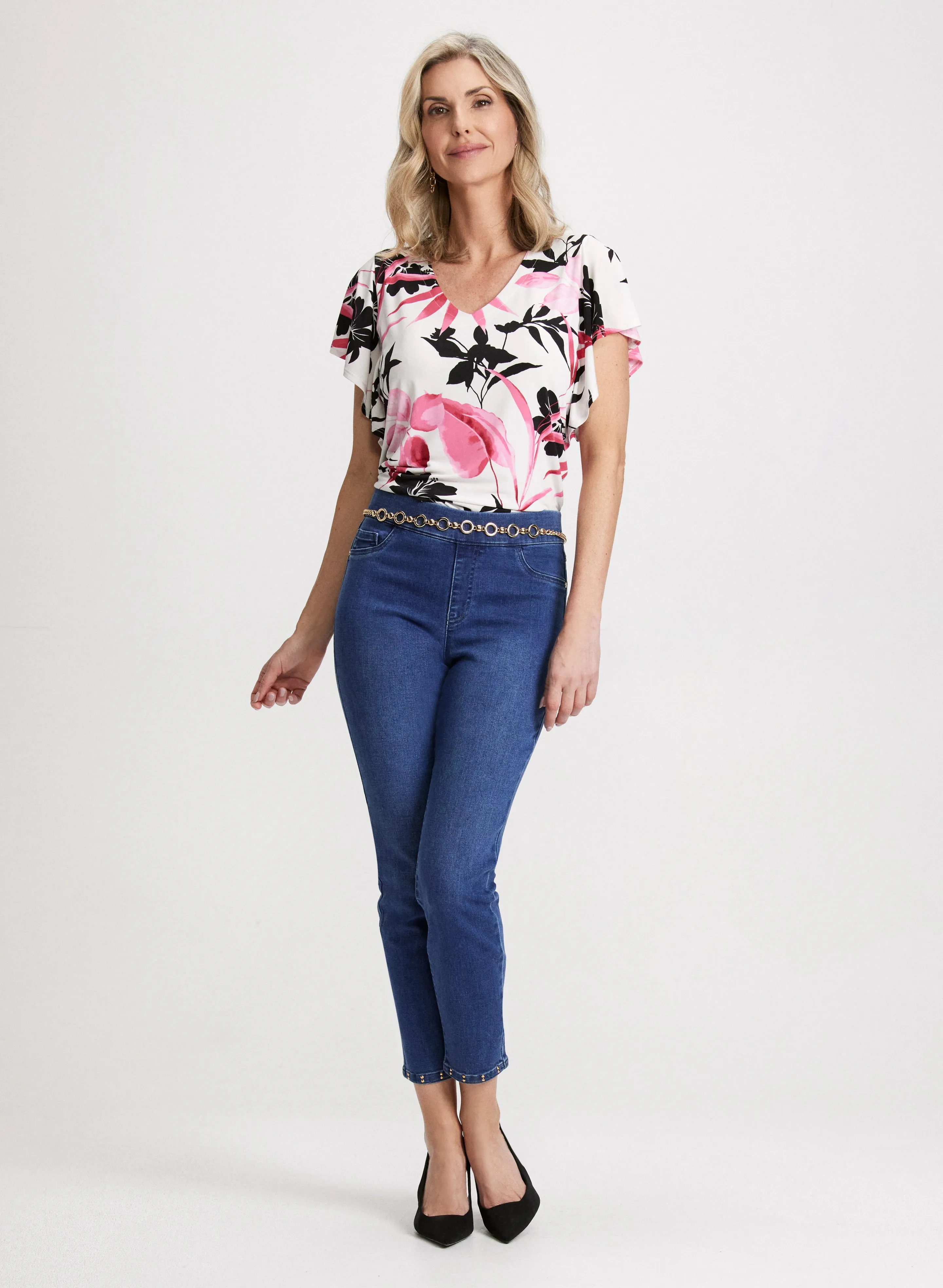Floral Flutter Sleeve Top & Pull-On Slim Leg Jeans sold by Laura