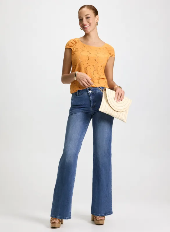 Scoop Neck Eyelet Top & Flared Denim Pants sold by Laura