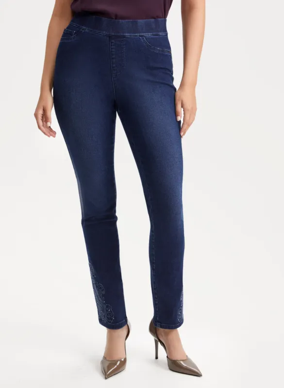 Pull-On Embroidered Hem Jeans sold by Laura