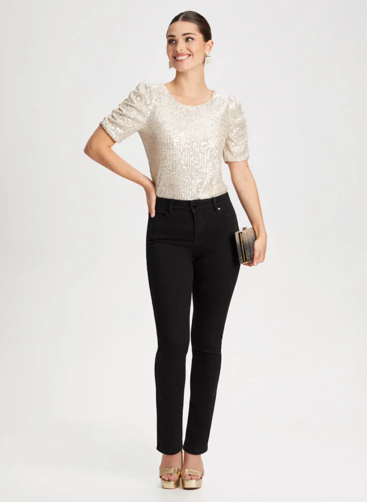 Sequin Top & Straight Leg Jeans sold by Laura