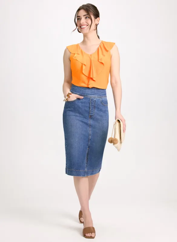 Ruffled Sleeveless Top & Slit Hem Denim Skirt sold by Laura