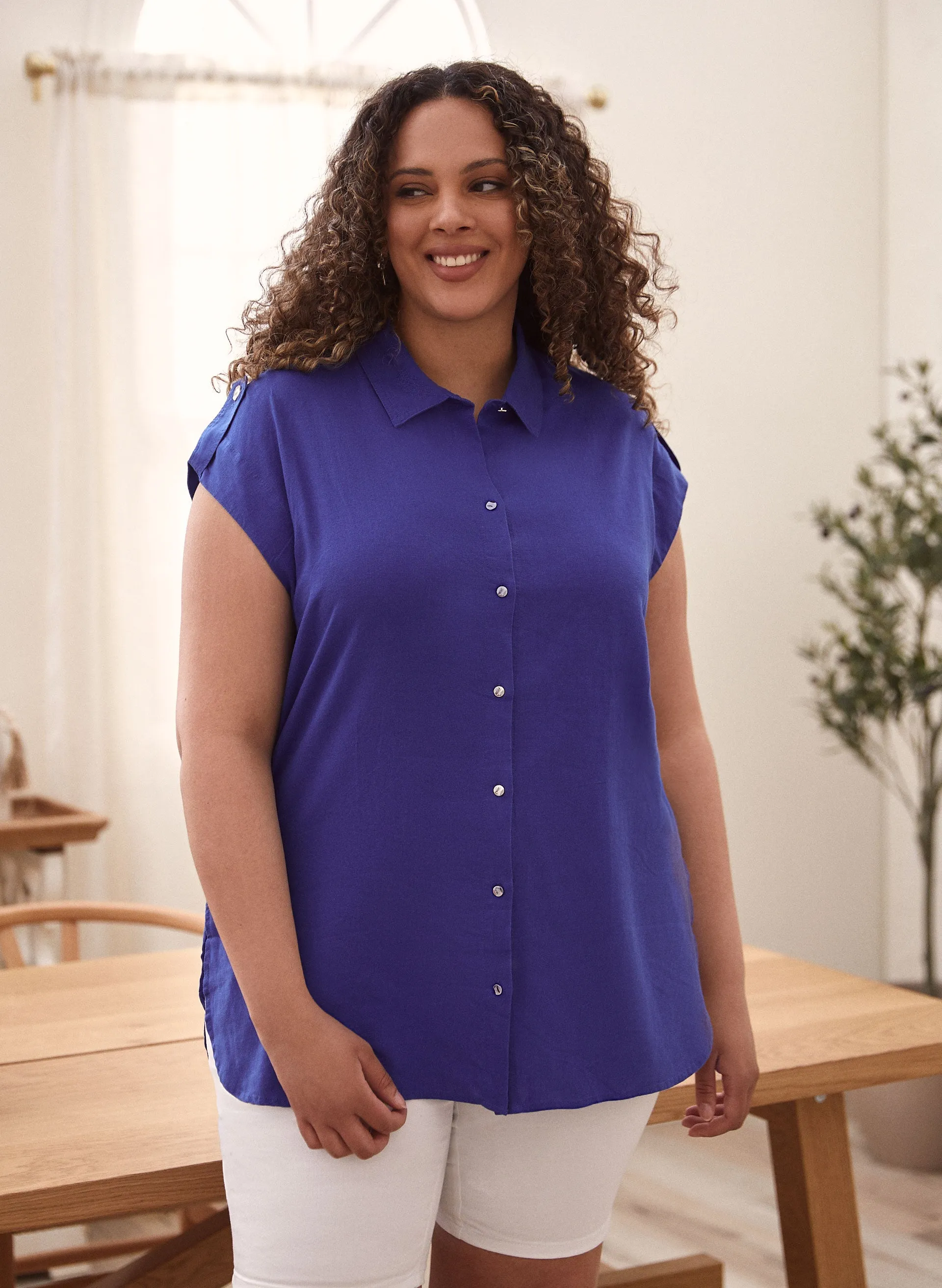 Cap Sleeve Linen-Blend Blouse sold by Laura