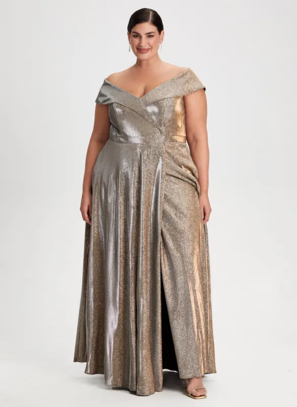 Bardot Neck Shimmer Detail Dress sold by Laura