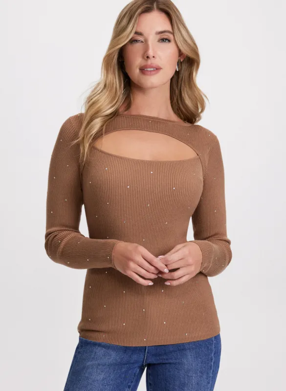 Cutout Design Rhinestone Detail Sweater made by Laura