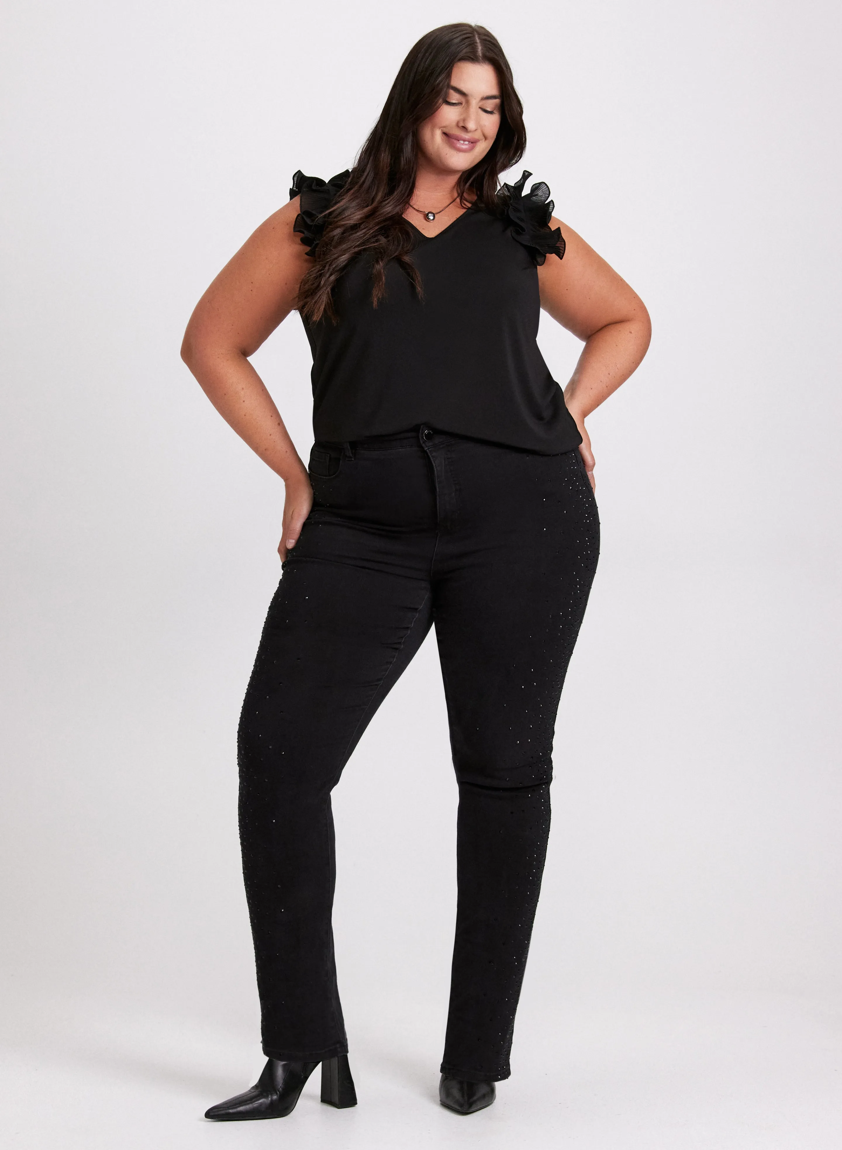 Pleated Shoulder Sleeveless Top & Rhinestone Detail Jeans sold by Laura