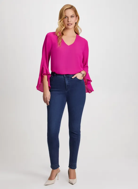 Flutter Sleeve V-Neck Blouse & Bow Detail Jeans sold by Laura