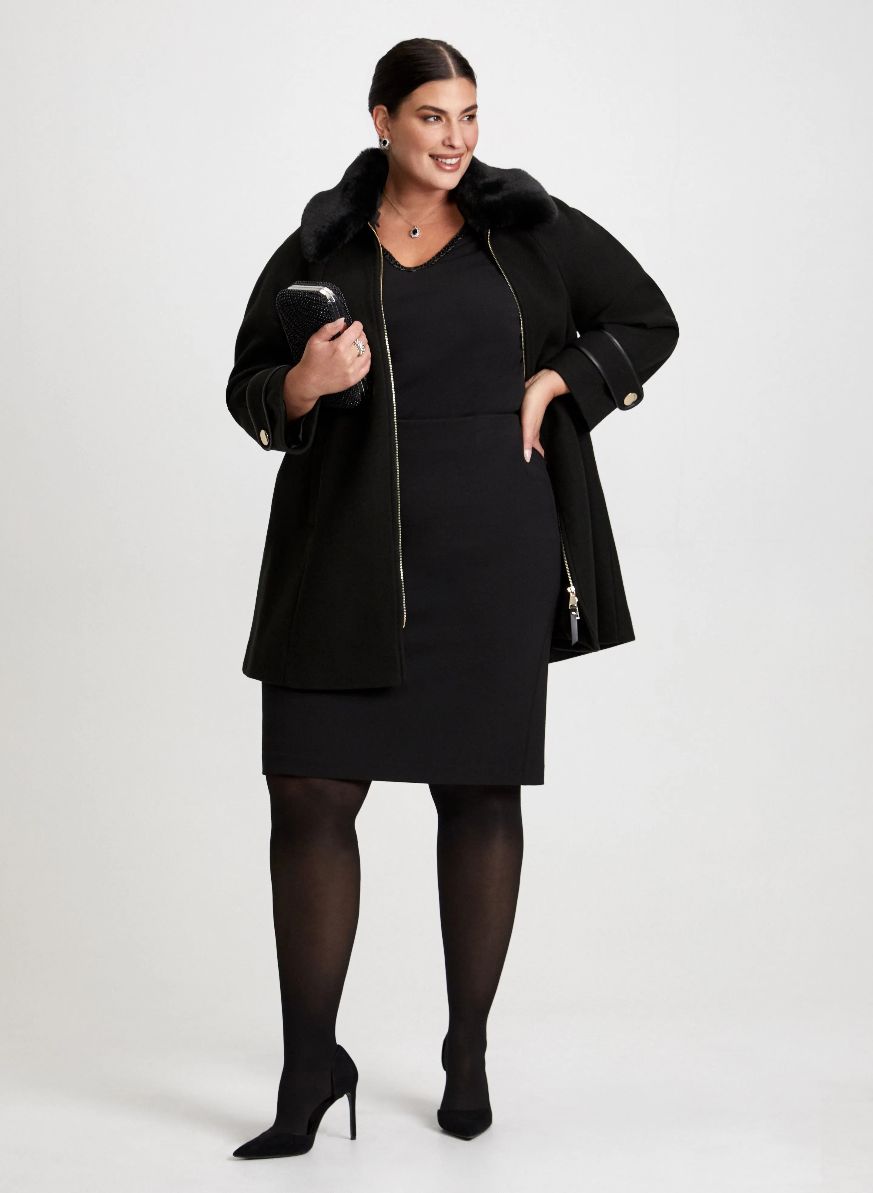 Beaded V-Neck Top & Wool Blend Coat sold by Laura