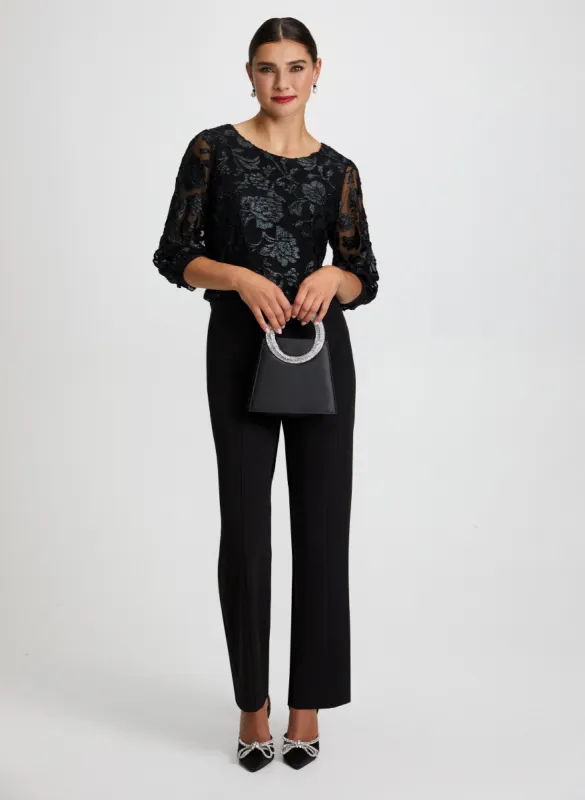 Floral Mesh Pants, Pants & Rhinestone Handle Clutch sold by Laura
