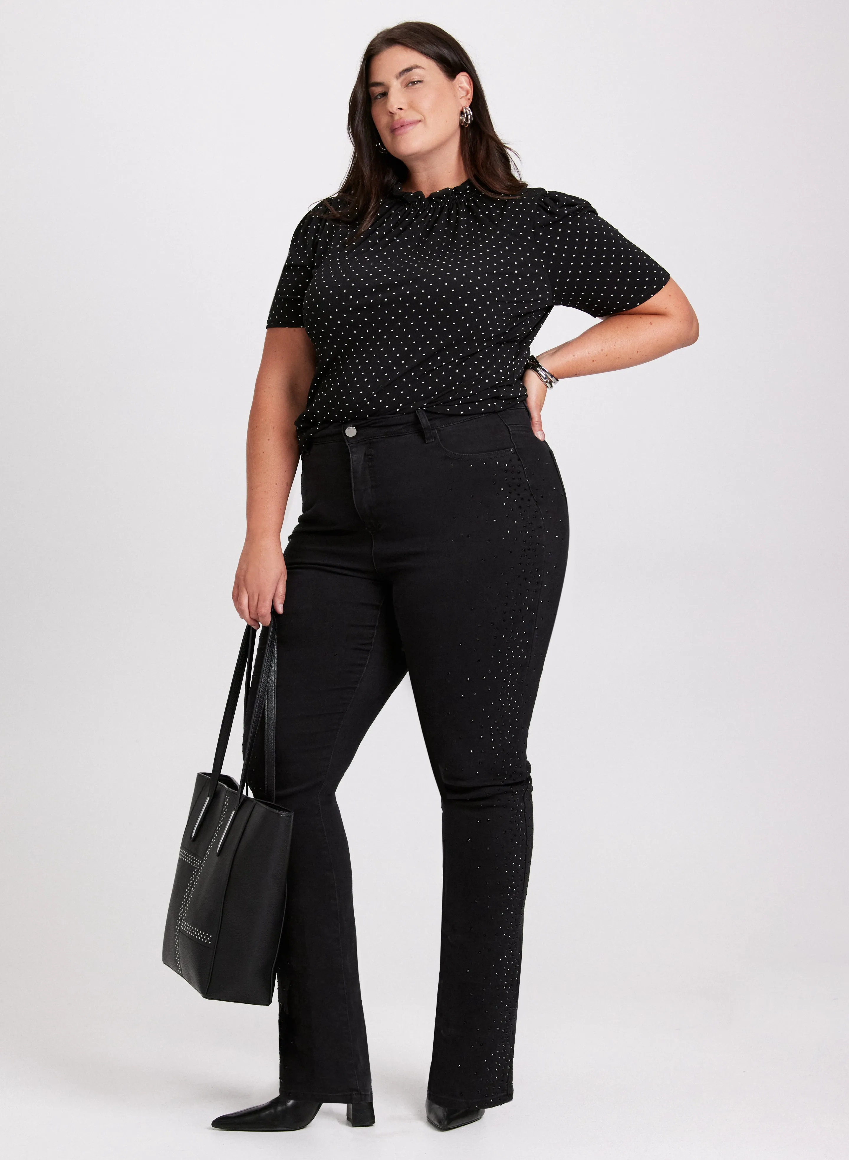 Polka Dot Mock Neck Top & Rhinestone Detail Jeans sold by Laura