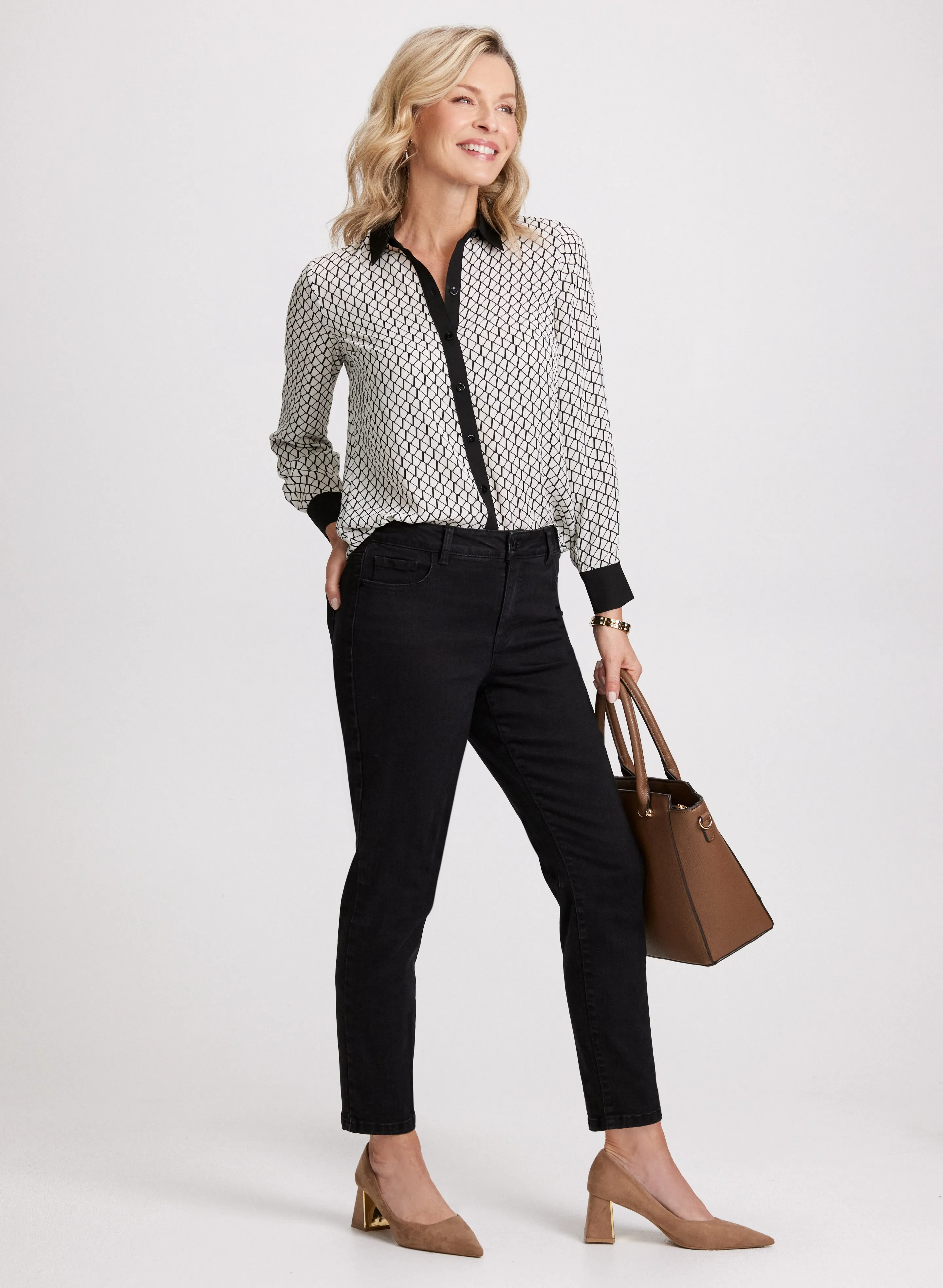 Geometric Print Blouse & Slim Leg Jeans sold by Laura
